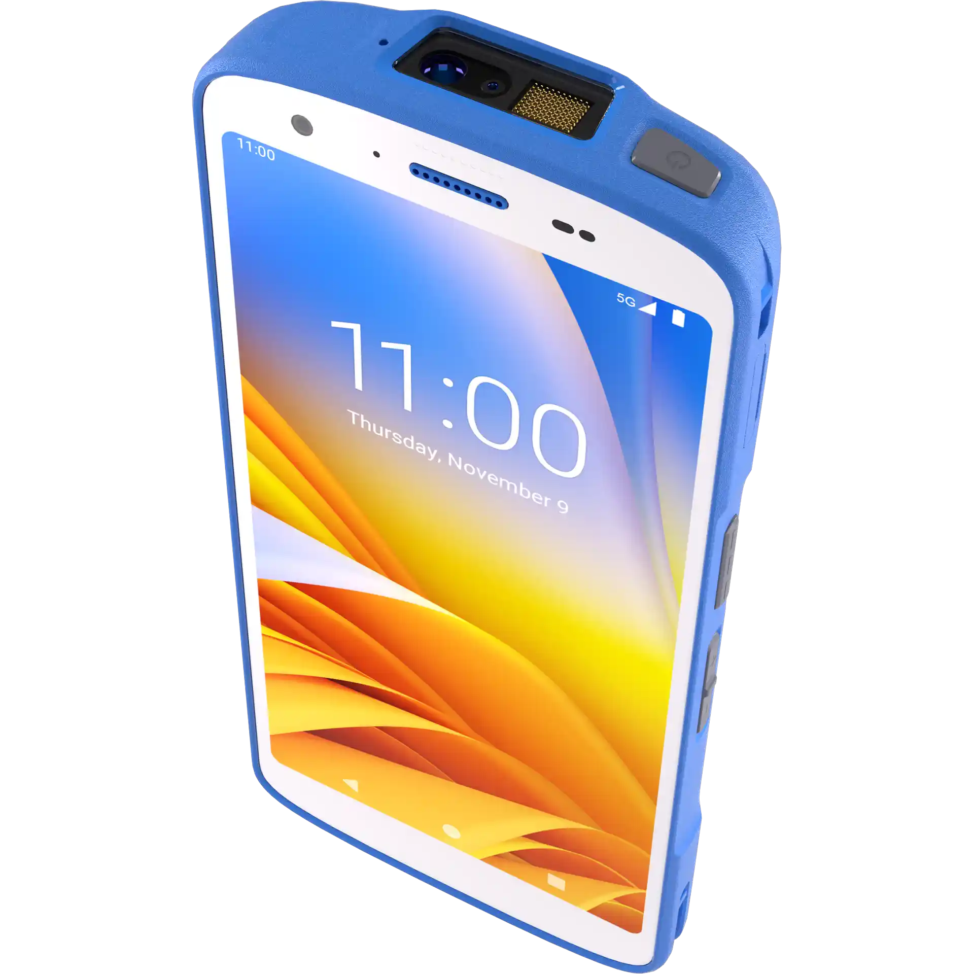 Zebra HC50/HC55 MDE Gerät schräg von oben rechts, Scanmodul, Kamera und Power-Taste sichtbar, Display an.