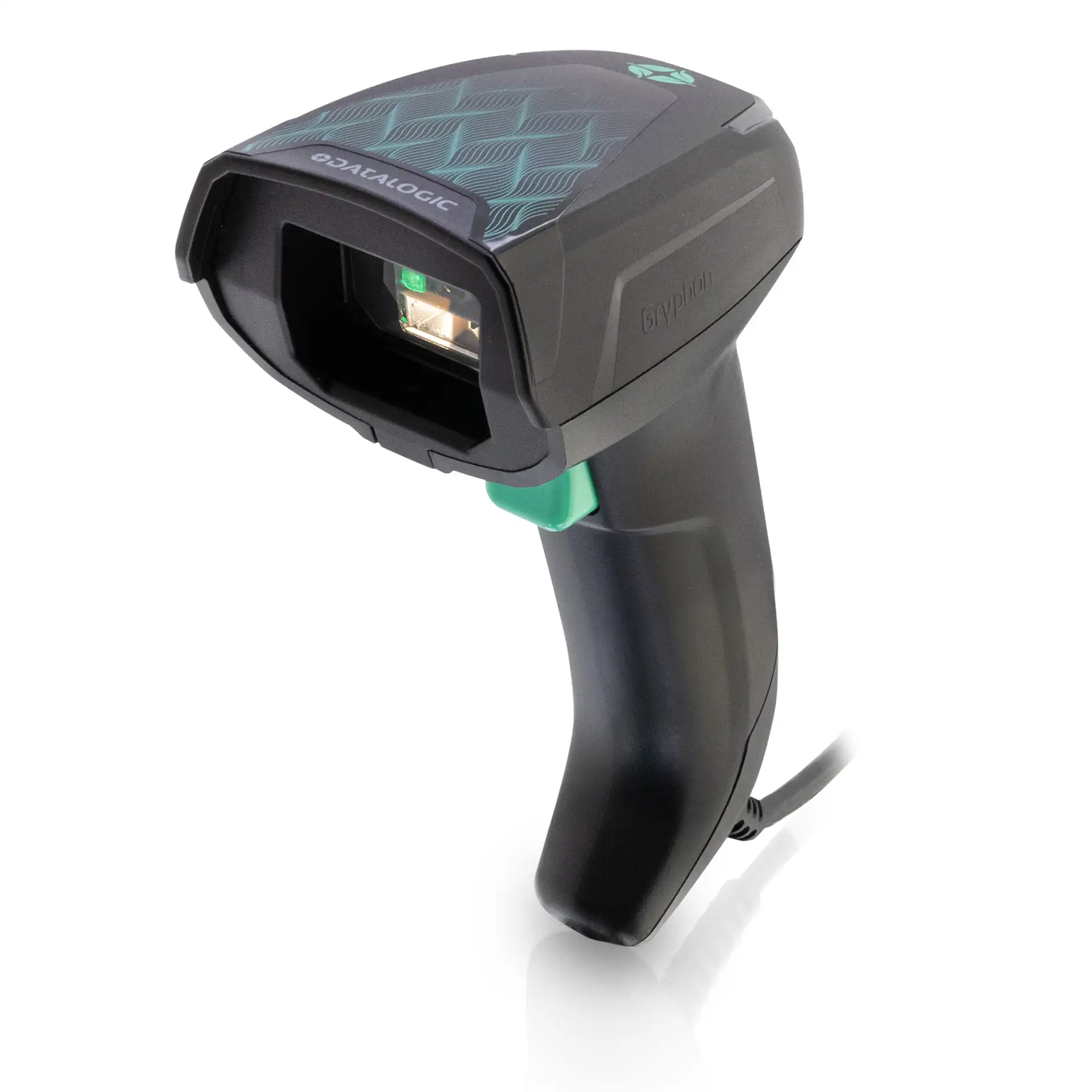 Barcode Scanner Datalogic Gryphon GD4600 seitliche Frontansicht links mit Scanlicht