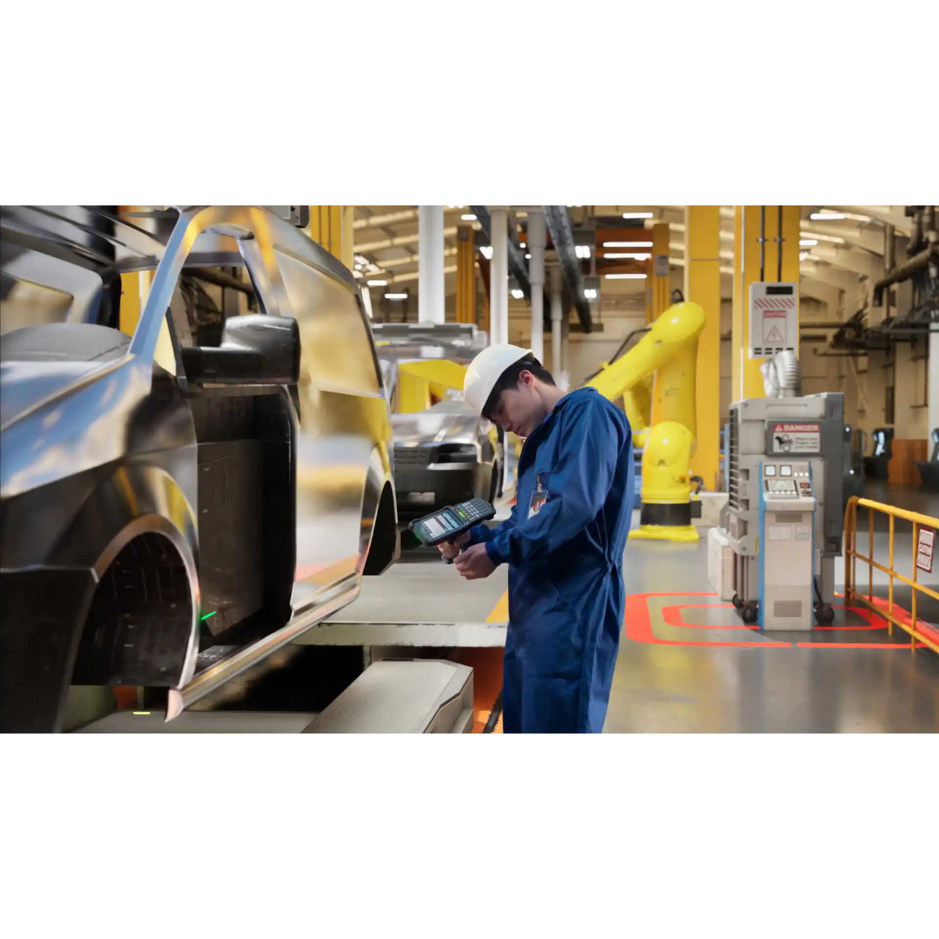 MDE-Gerät Zebra MC9400/MC9450 – seitlich beim Scannen einer Fahrzeugkarosse in Fertigung