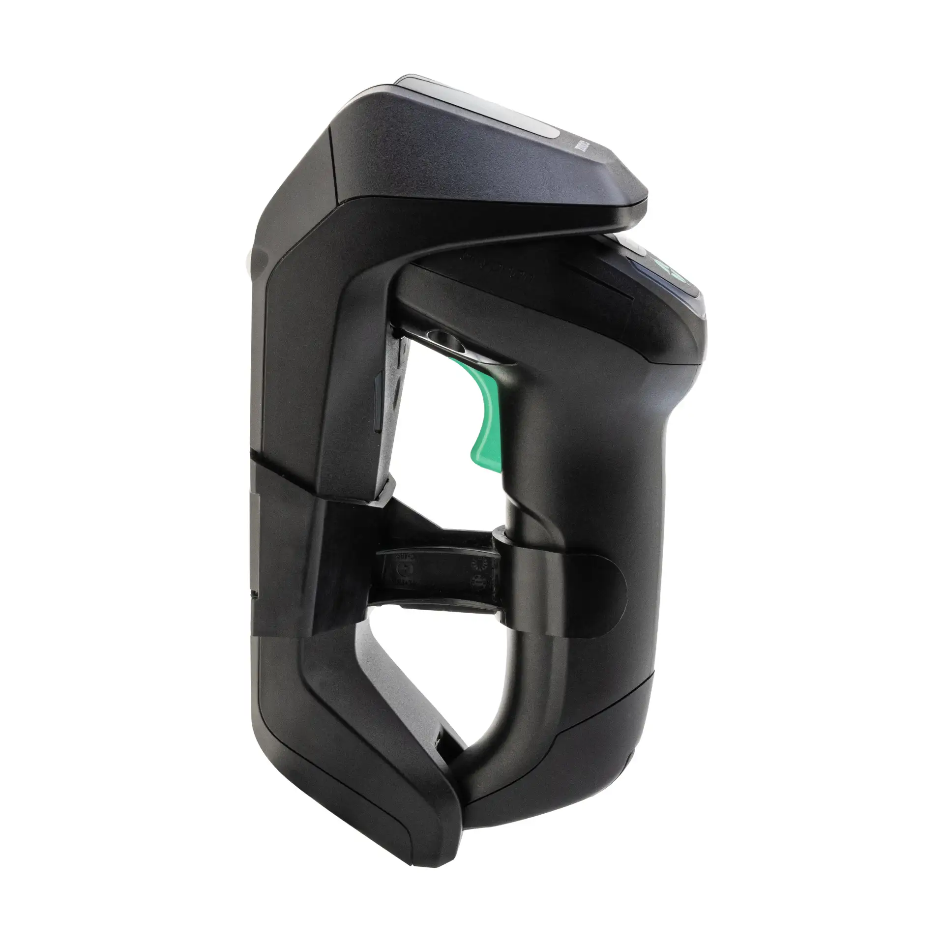 Barcode Scanner Datalogic Gryphon GBT4600 GM4600 – linke Seitenansicht in Ladestation mit Wandhalterung, Griff mit grünem Auslöser