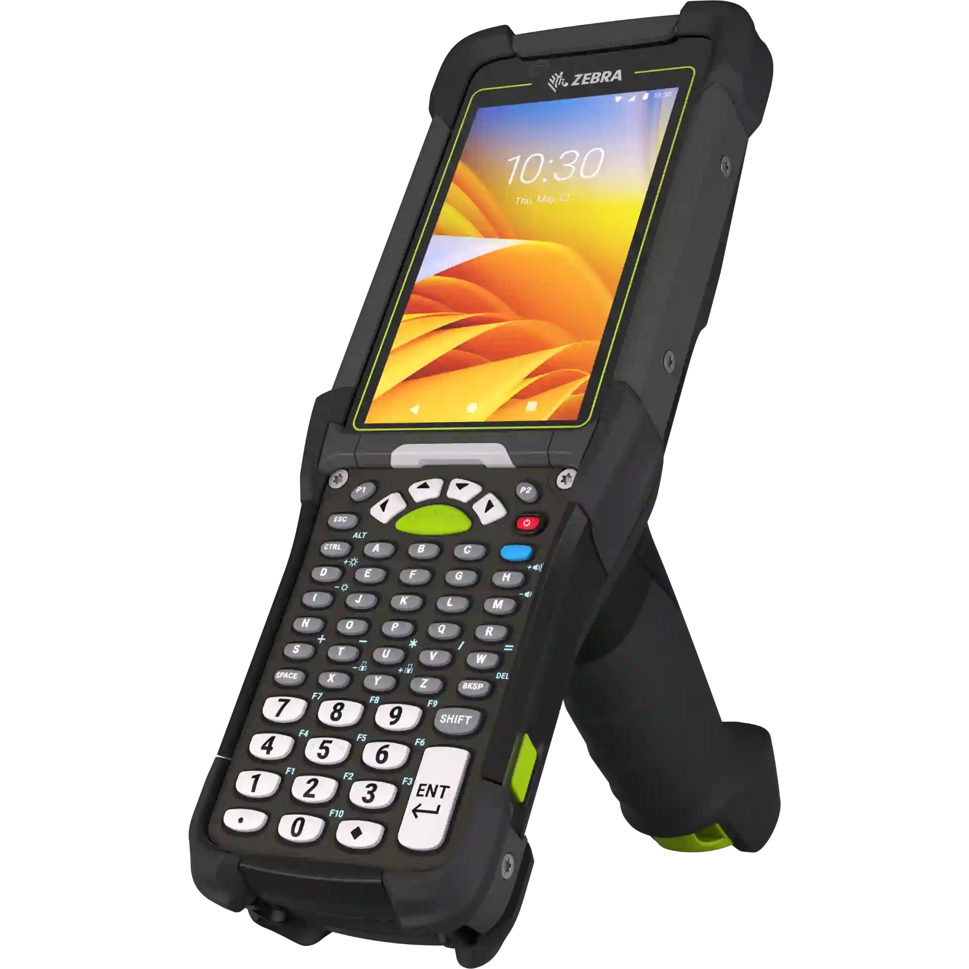 MDE-Gerät Zebra MC9400/MC9450 – oben rechts schräg, Display an, Tastenfeld und Pistolengriff