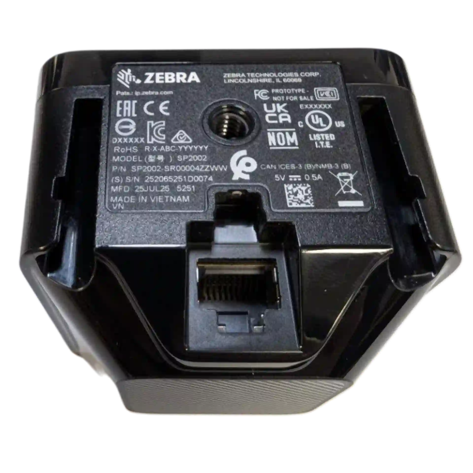 Zebra SP20 Unterseite mit Schraubgewinde und Herstellerhinweisen