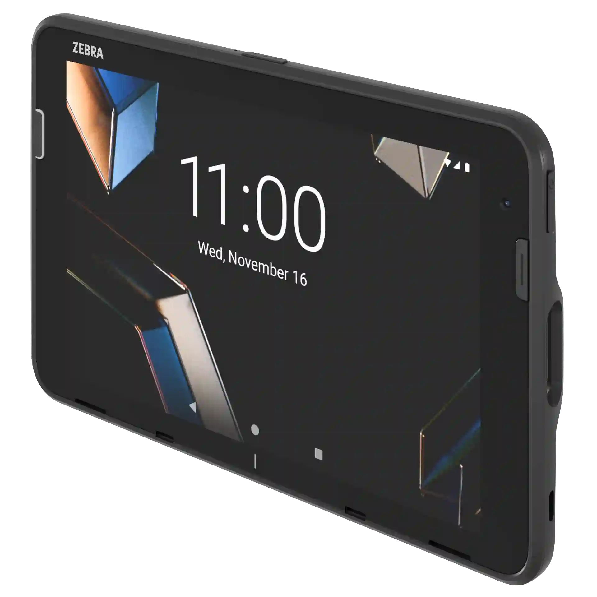 Tablet Zebra ET401, 8 Zoll mit Scanner - schräge Front rechts, Display an, Kamera und Tasten sichtbar