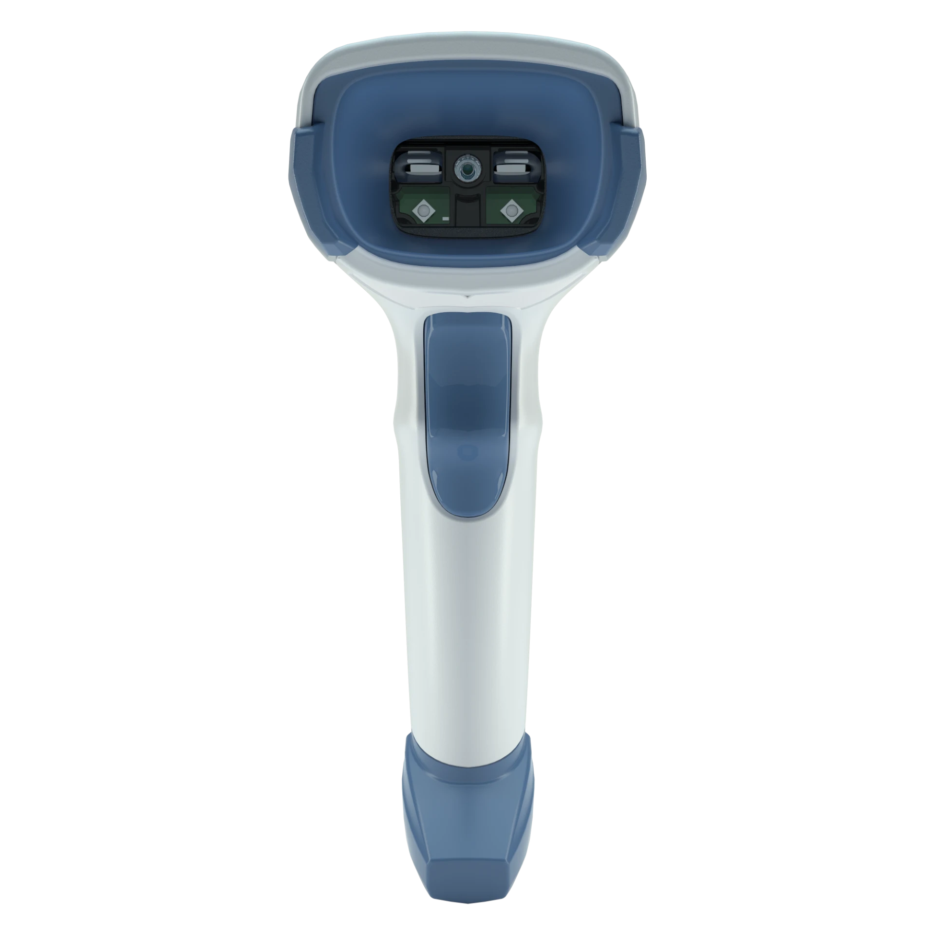 Barcode-Scanner Zebra DS2208-HC frontal; zentrales Scanobjektiv, seitliche Sensor- und Beleuchtungselemente sowie blaue Auslösetaste am weißen Griff sichtbar.