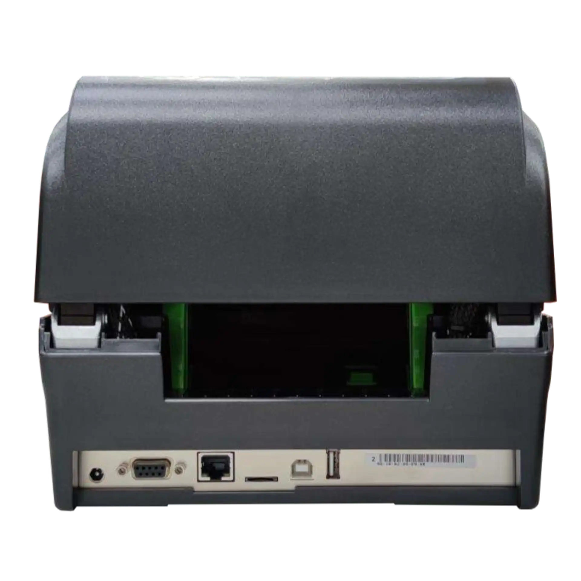 TSC TX210 Thermotransferdrucker von hinten mit sichtbaren Anschlussports und geöffnetem Druckbereich