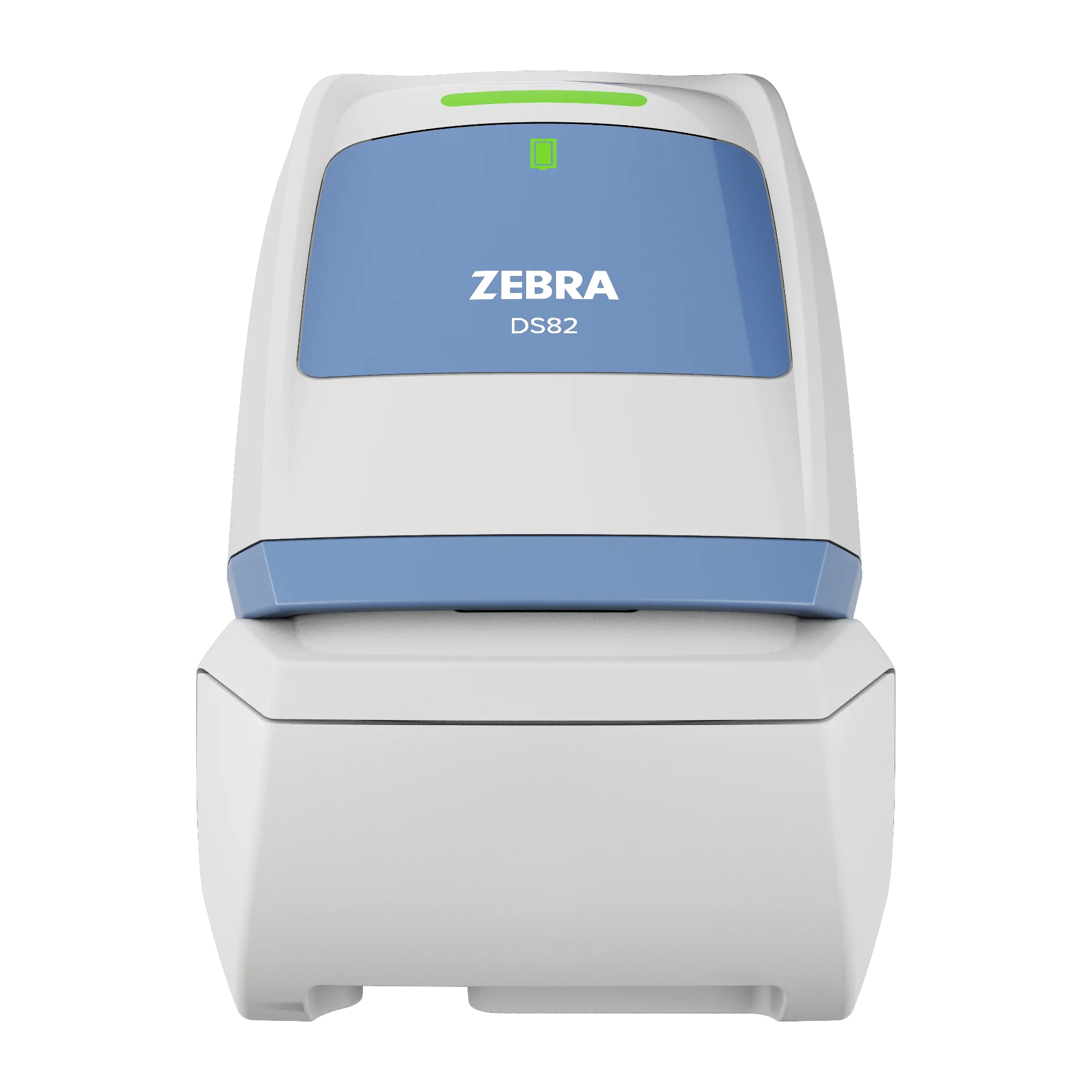Barcode Scanner Zebra DS8288-HC in Standard-Ladestation, zentrierte Frontansicht, blaues Kopfpanel mit Status-LED über kompakter weißer Ladeschale