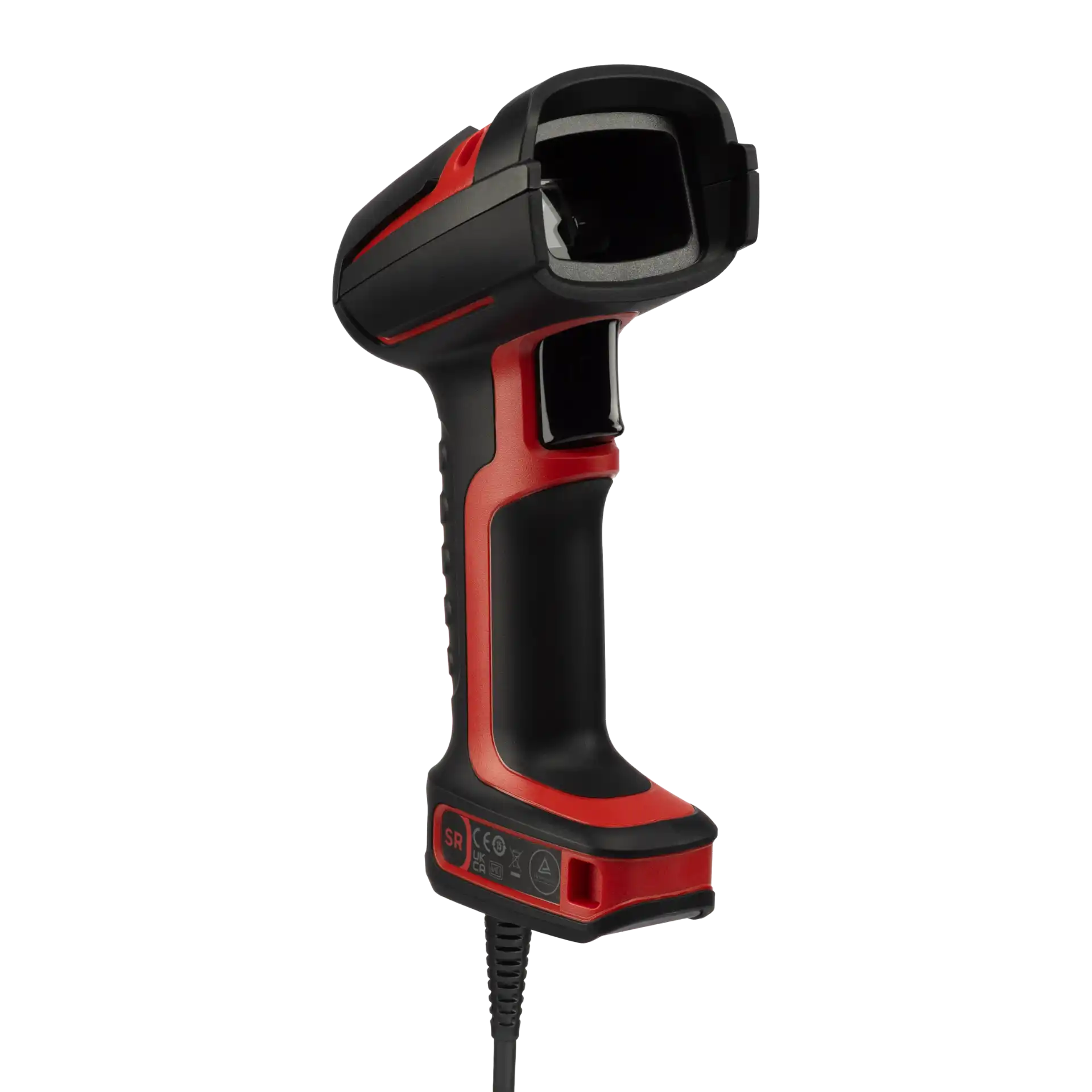 Barcode-Scanner Honeywell Granit Ultra 2100i SR – schräge Frontansicht links mit Scanfenster, Seitentaste, ergonomischem Griff und Kabel.