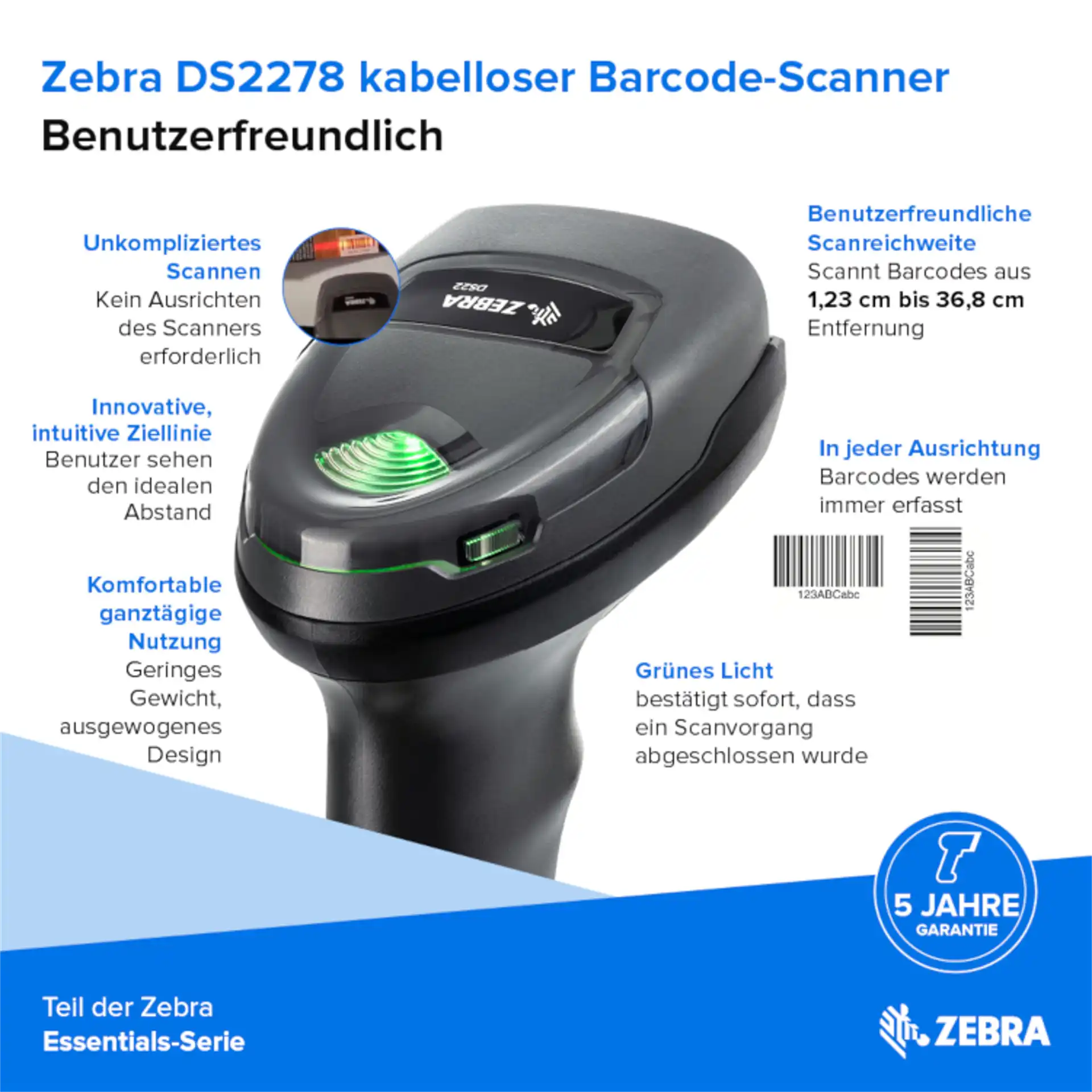 Barcode-Scanner Zebra DS2278 in schräger Draufsicht mit rotem Ziellinienlicht, grüner LED, Auslösetaste und Produktinformationen
