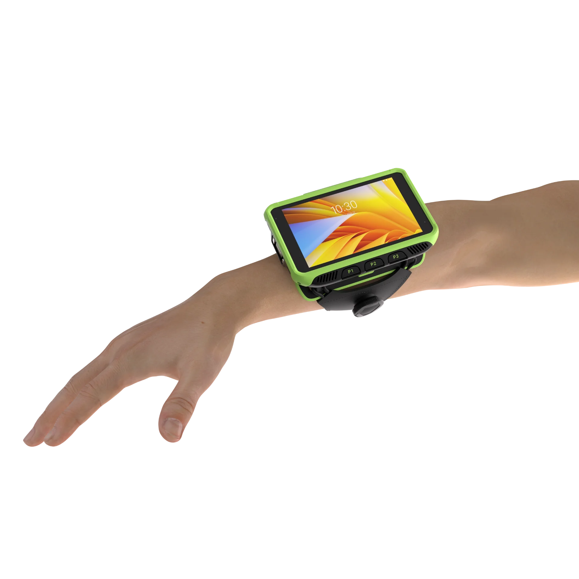 Wearable Zebra WT6400 – am rechten Arm, Display an, Tasten sichtbar, Halterung mit einem Riemen