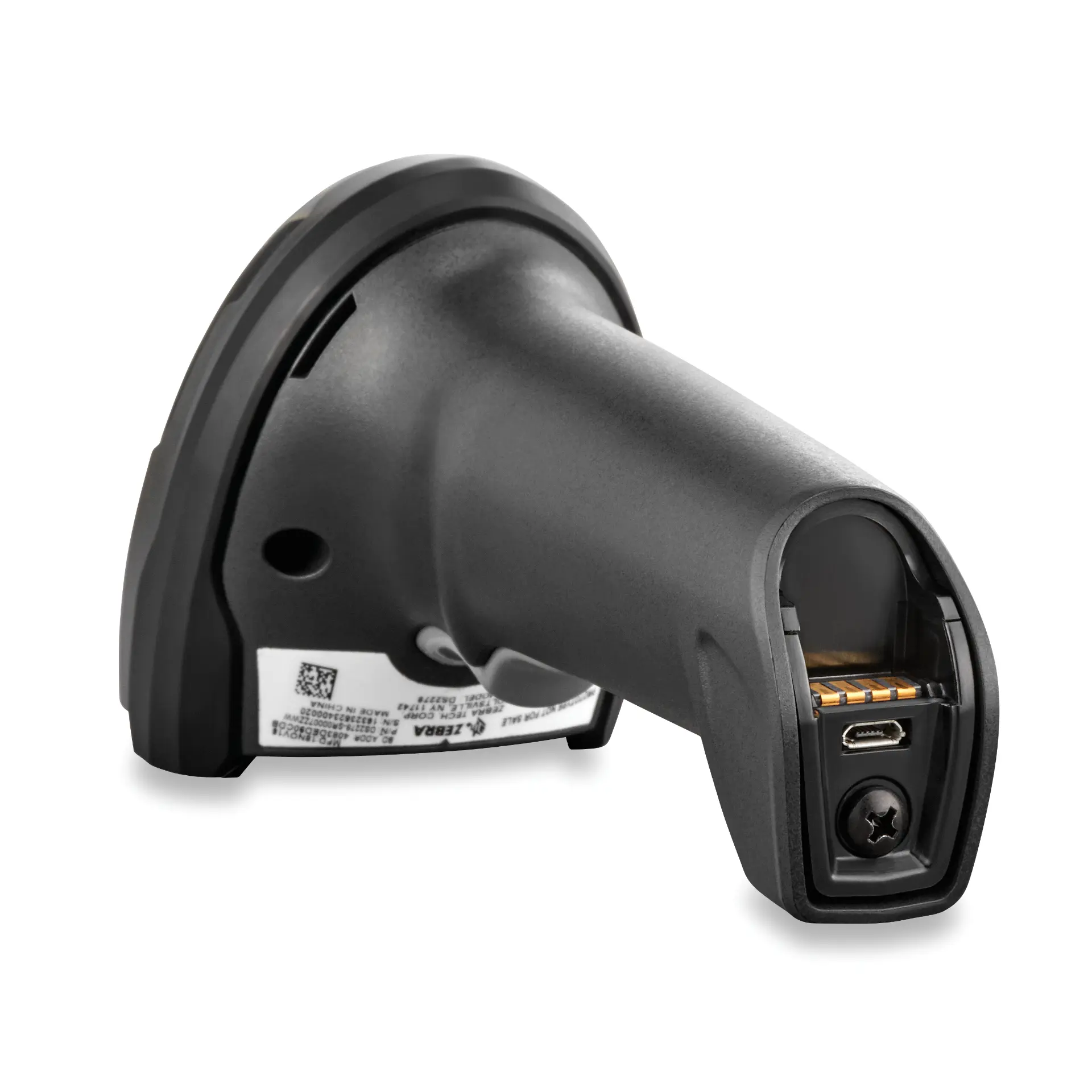 Barcode Scanner Zebra DS2278 schwarz – liegend von unten links, mit USB-Anschluss, Kontakten, Schraube und Typenschild