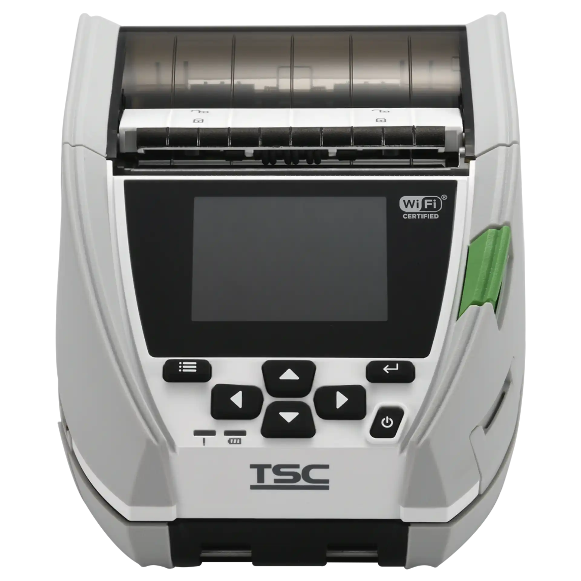 Etikettendrucker TSC Alpha-30LHC – Frontansicht von oben, Display aus, Bedienfeld mit Pfeiltasten, Power-Taste