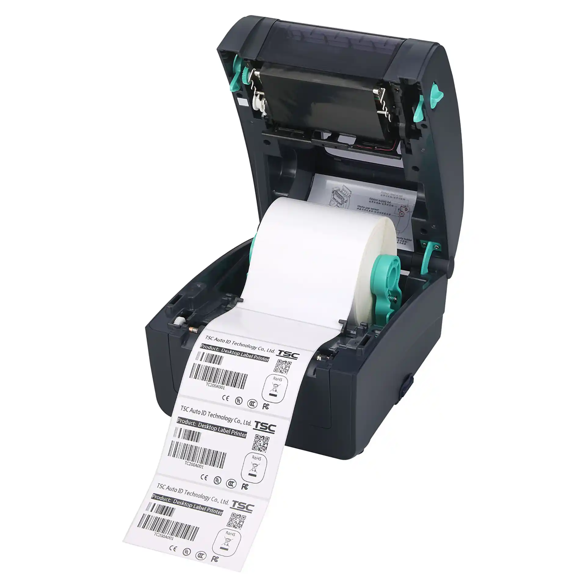 TSC TC200 Etikettendrucker, seitlich offen, zeigt Etikettenrolle und Farbband, Druckbereich sichtbar.