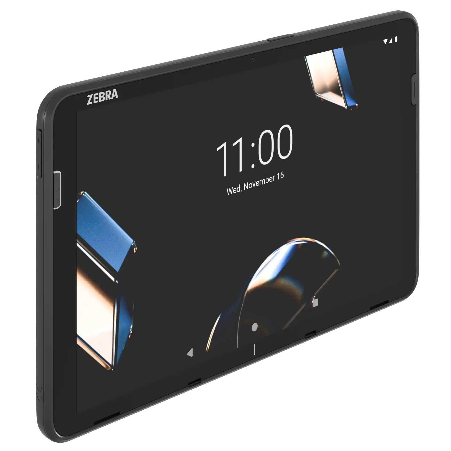 Tablet Zebra ET401 mit Scanner – schräge Front links, 10-Zoll Display aktiv, seitliche Tasten und Kamera sichtbar