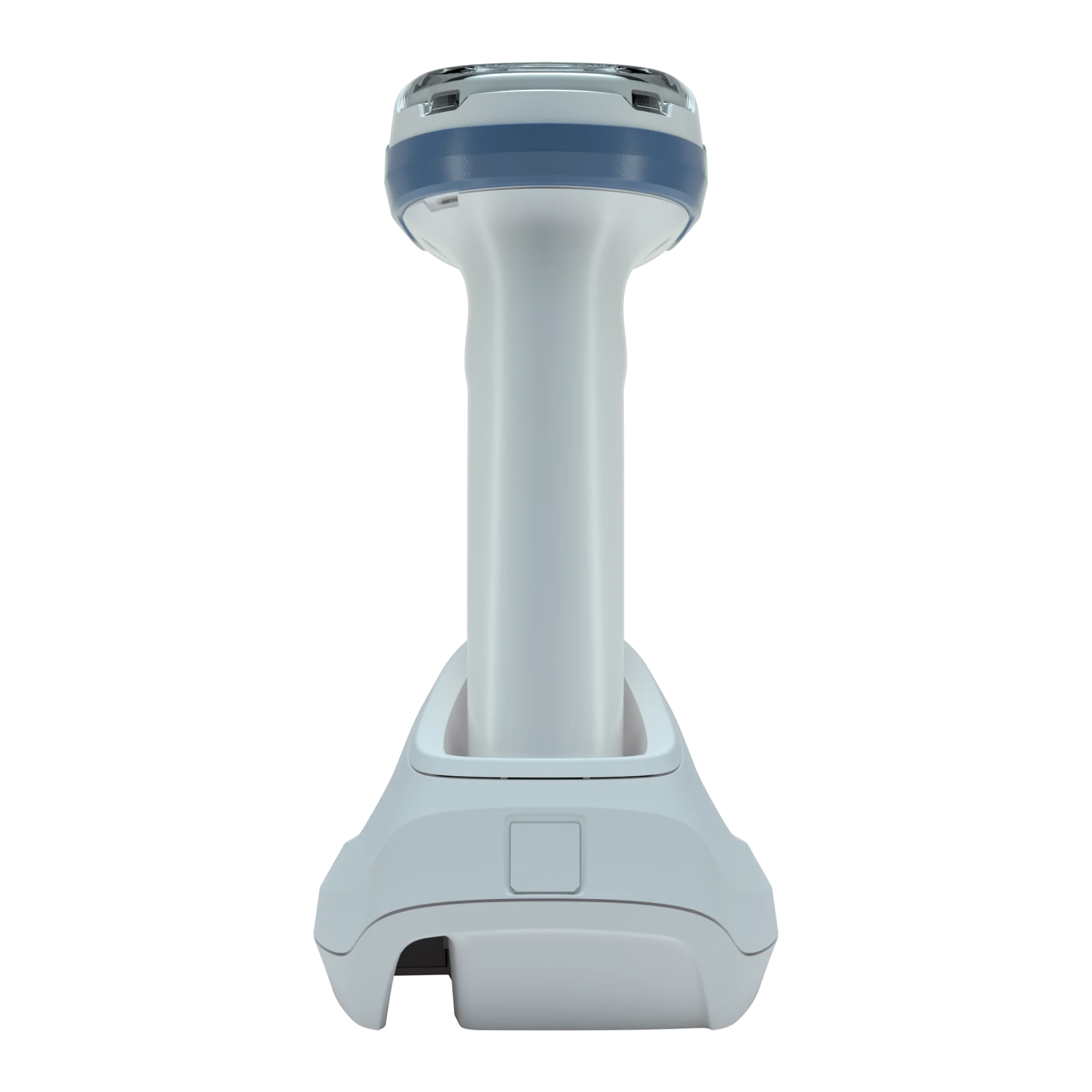 Barcode-Scanner Zebra DS2278-HC von hinten; glatter Griff, blaues Kopfband und Basisstation