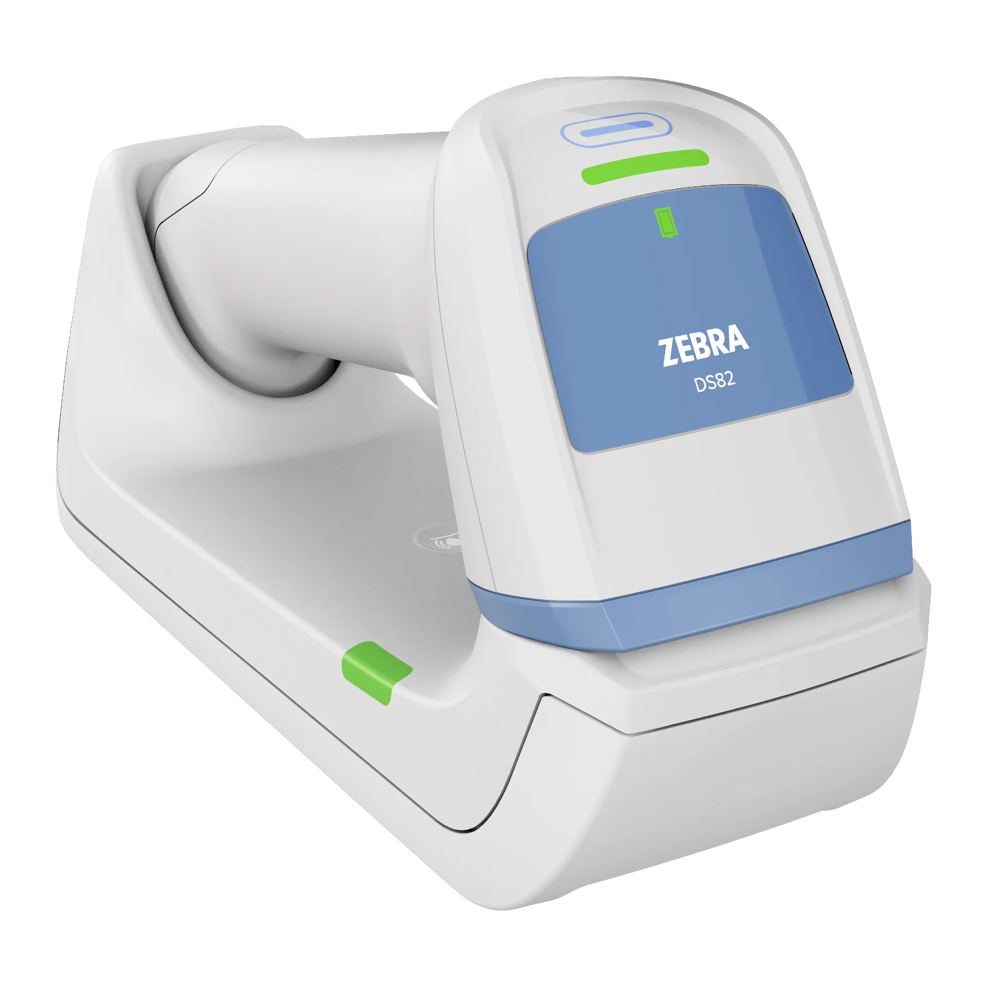 Barcode Scanner Zebra DS8288-HC in Standard-Ladestation, Front links, Scannerkopf mit blauem Feld, Status-LED