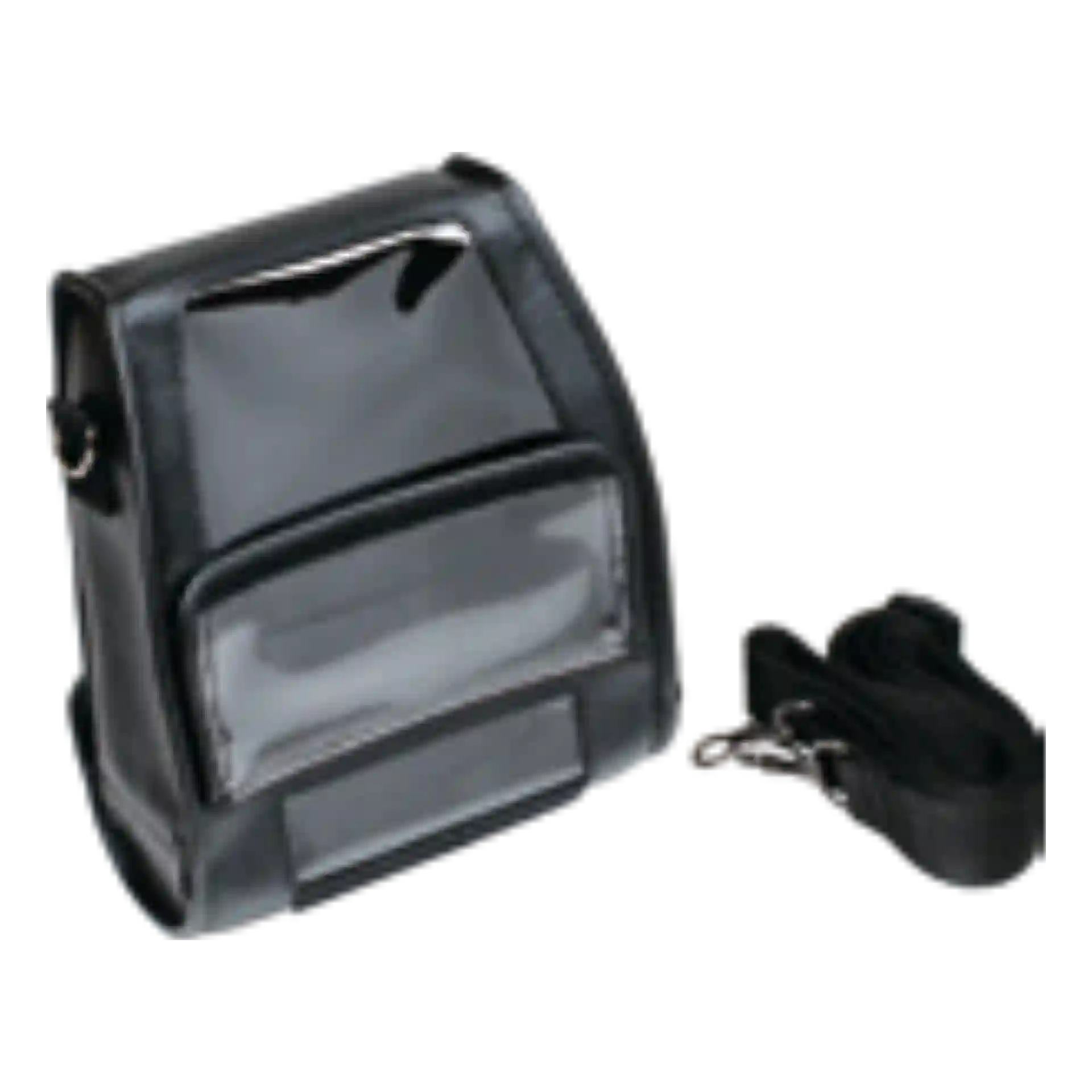 Zubehör für Etikettendrucker TSC Alpha-40L – schwarze Schutzhülle mit Klarsichtfenstern und Gurt, schräg von vorn