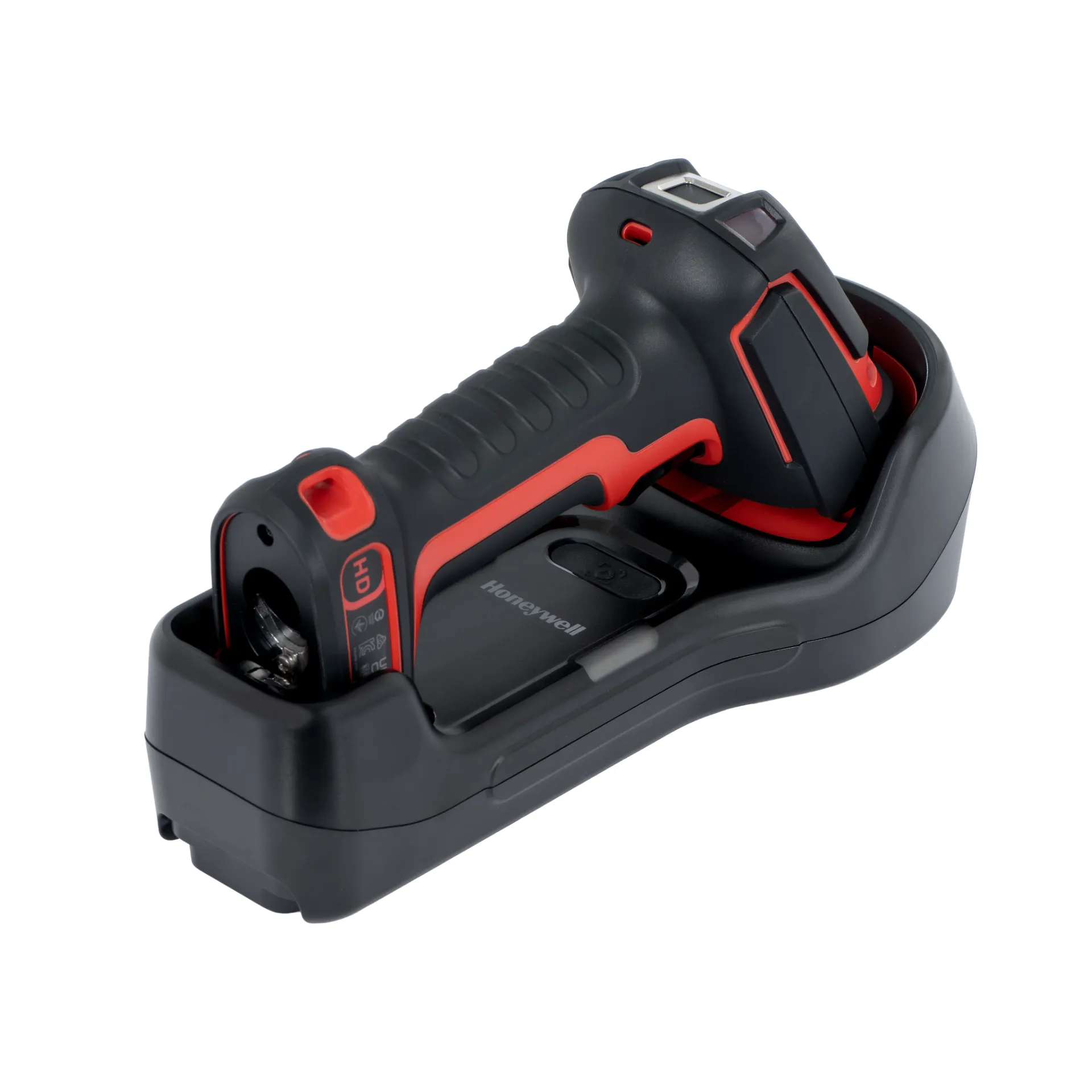Barcode-Scanner Honeywell Granit Ultra 2105iHD liegt von hinten rechts unten in einer schwarzen Ladestation