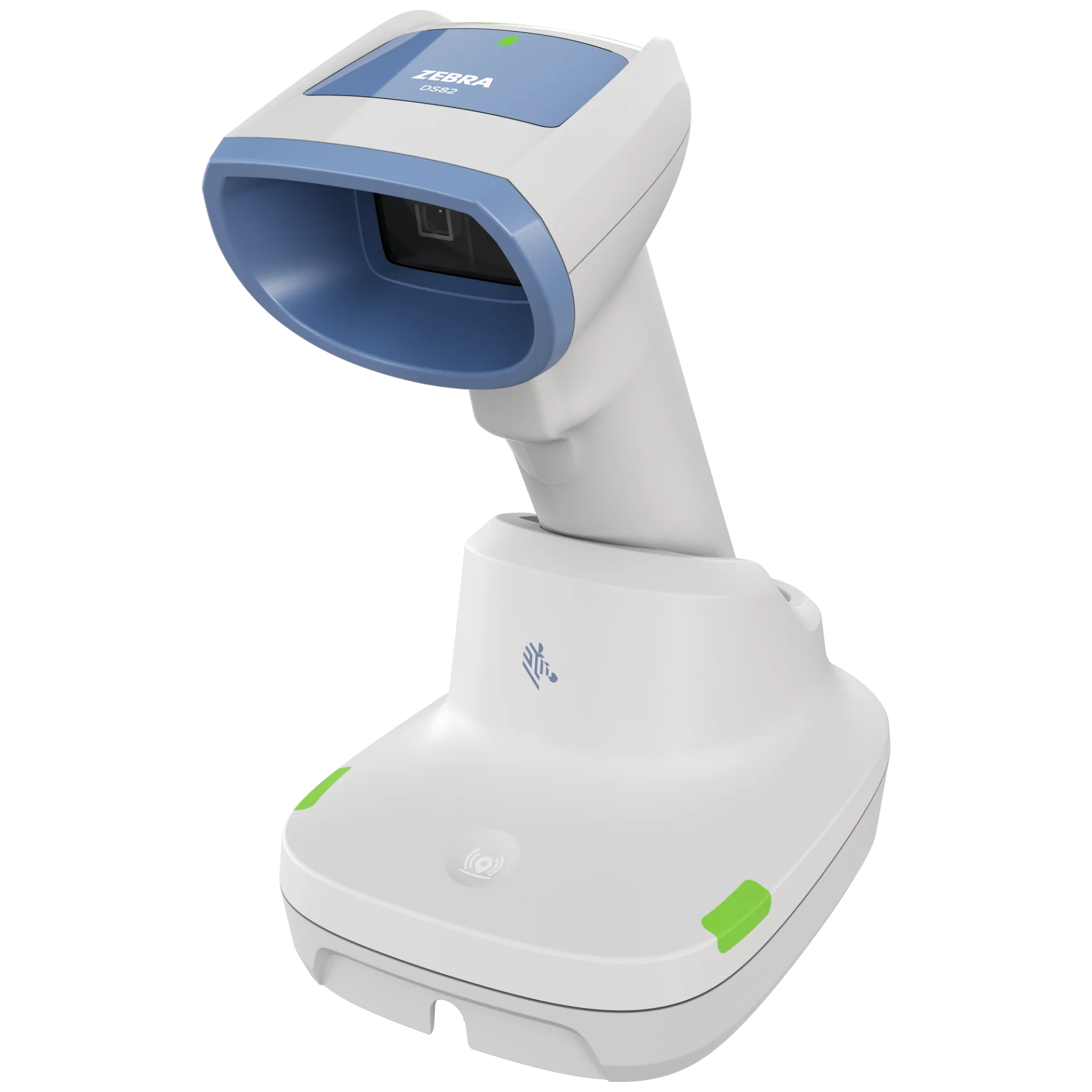 Barcode Scanner Zebra DS8288-HC in Präsentationsstation, Front rechts oben, tiefes Scanfenster, obere Status-LED