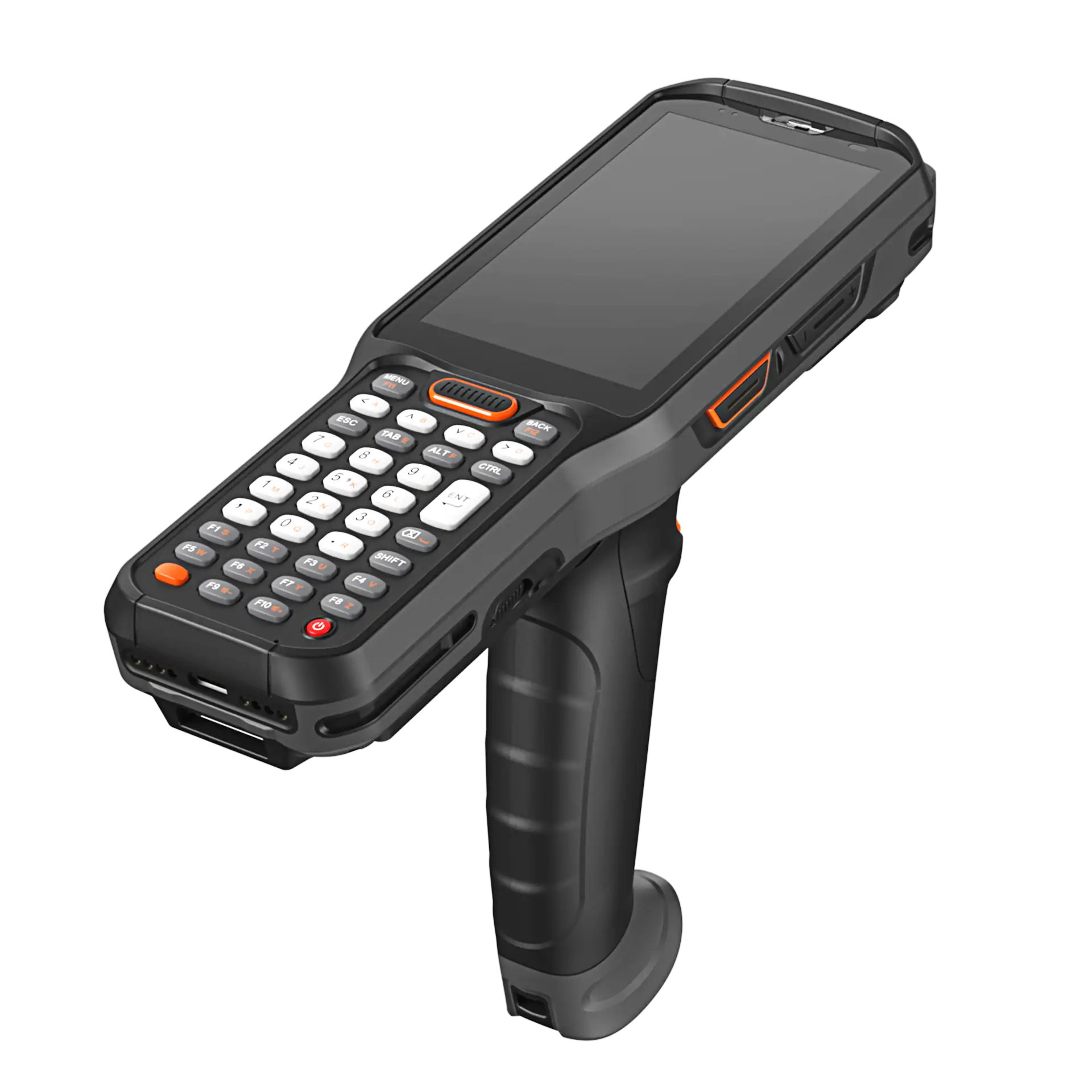 Urovo RT40 MDE Gerät mit Pistolengriff und Tastatur, seitliche Ansicht von oben gesehen