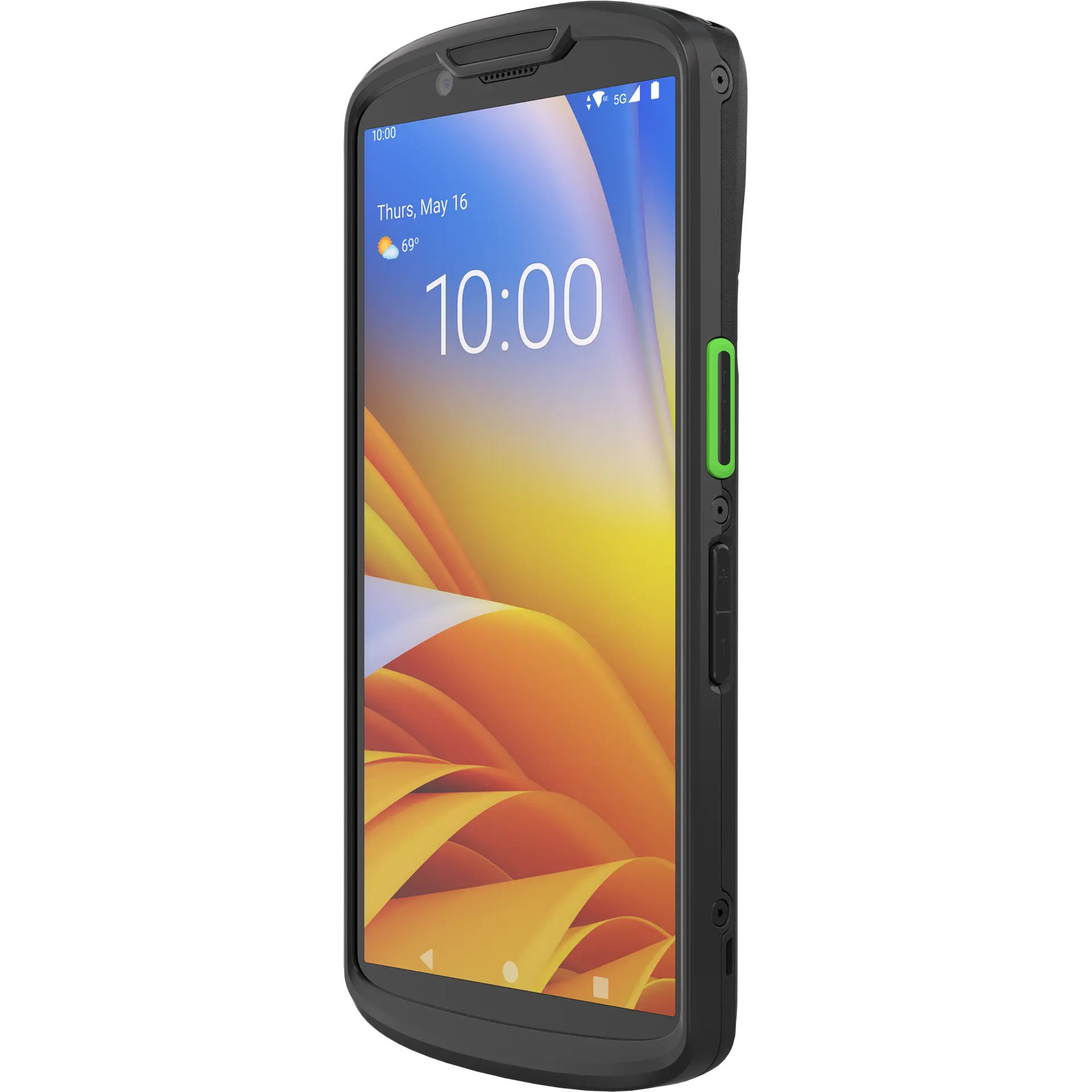 Zebra TC53e MDE Gerät schräge Front von rechts, Display an, seitliche Tasten sichtbar.