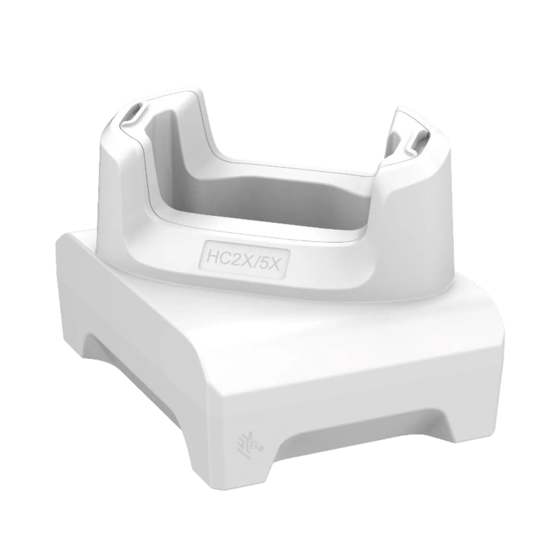 Ladestation in weiß für Zebra HC20, HC25, HC50 und HC55 seitlich von vorn links gesehen