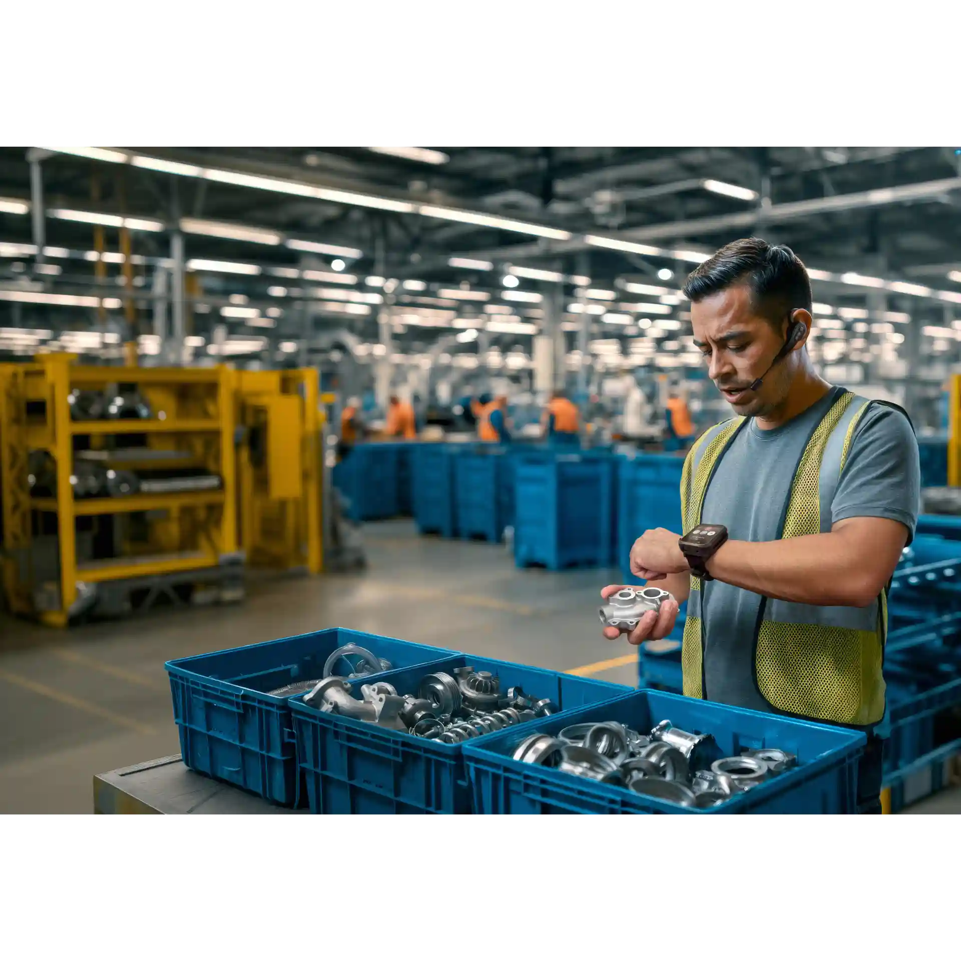 Wearable Zebra WS301 – vorne seitlich am Handgelenk mit aktivem Display in Produktionsumgebung