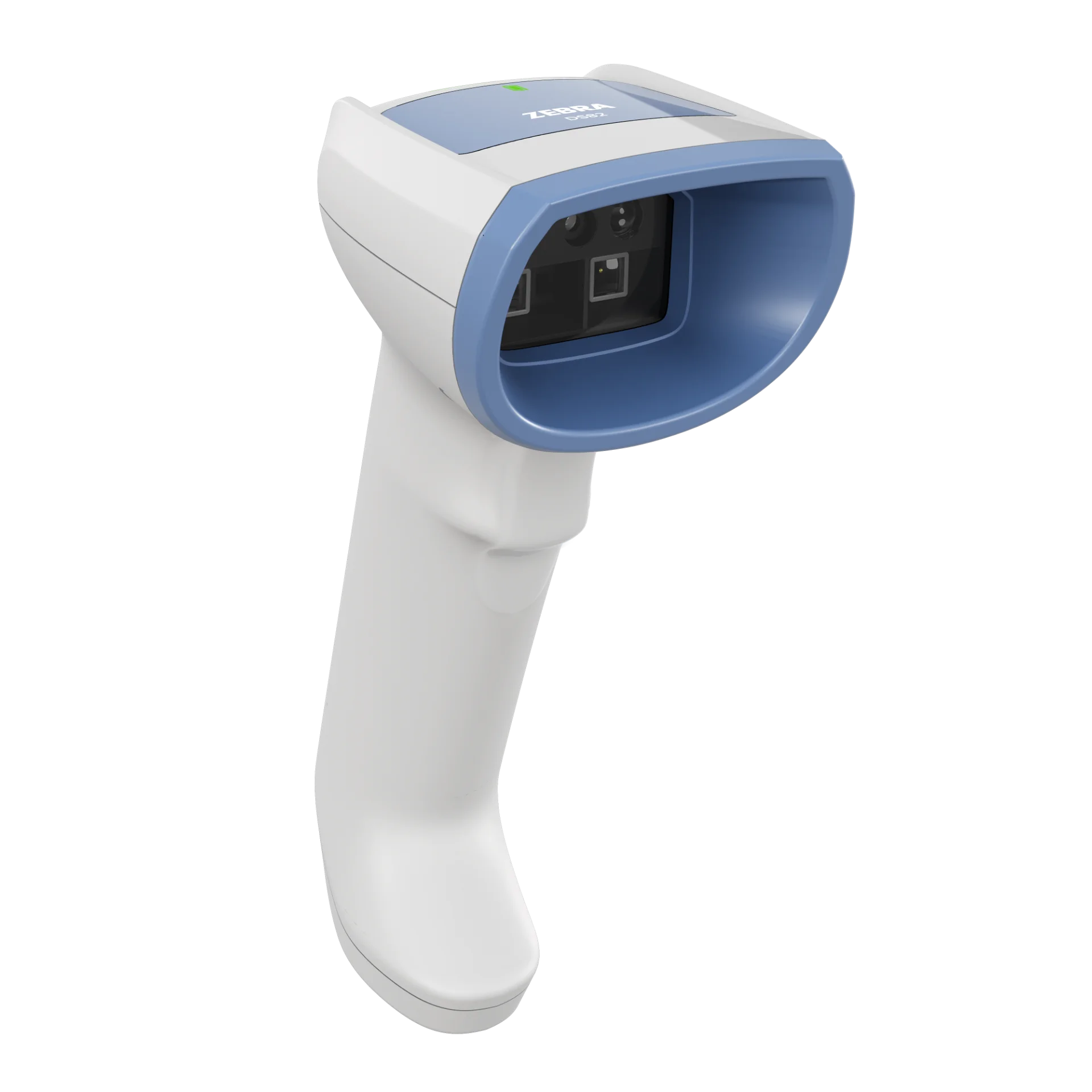 Barcode Scanner Zebra DS8208-HC – schräg links von vorn, Scanfenster mit Sensoren, blaues Kopfgehäuse, oben Status-LED und Logo sichtbar