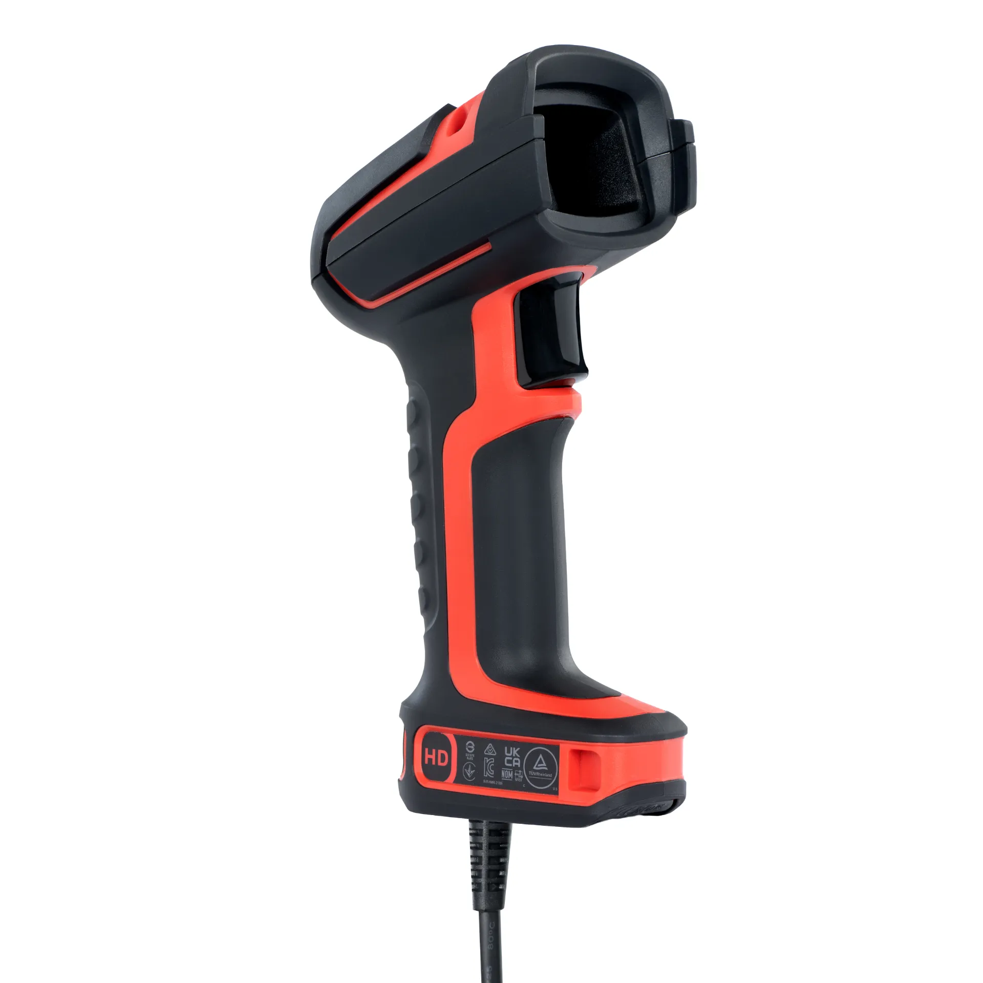 Barcode-Scanner Honeywell Granit Ultra 2100iHD – schräge Frontansicht links mit Scanfenster, Trigger und Kabel