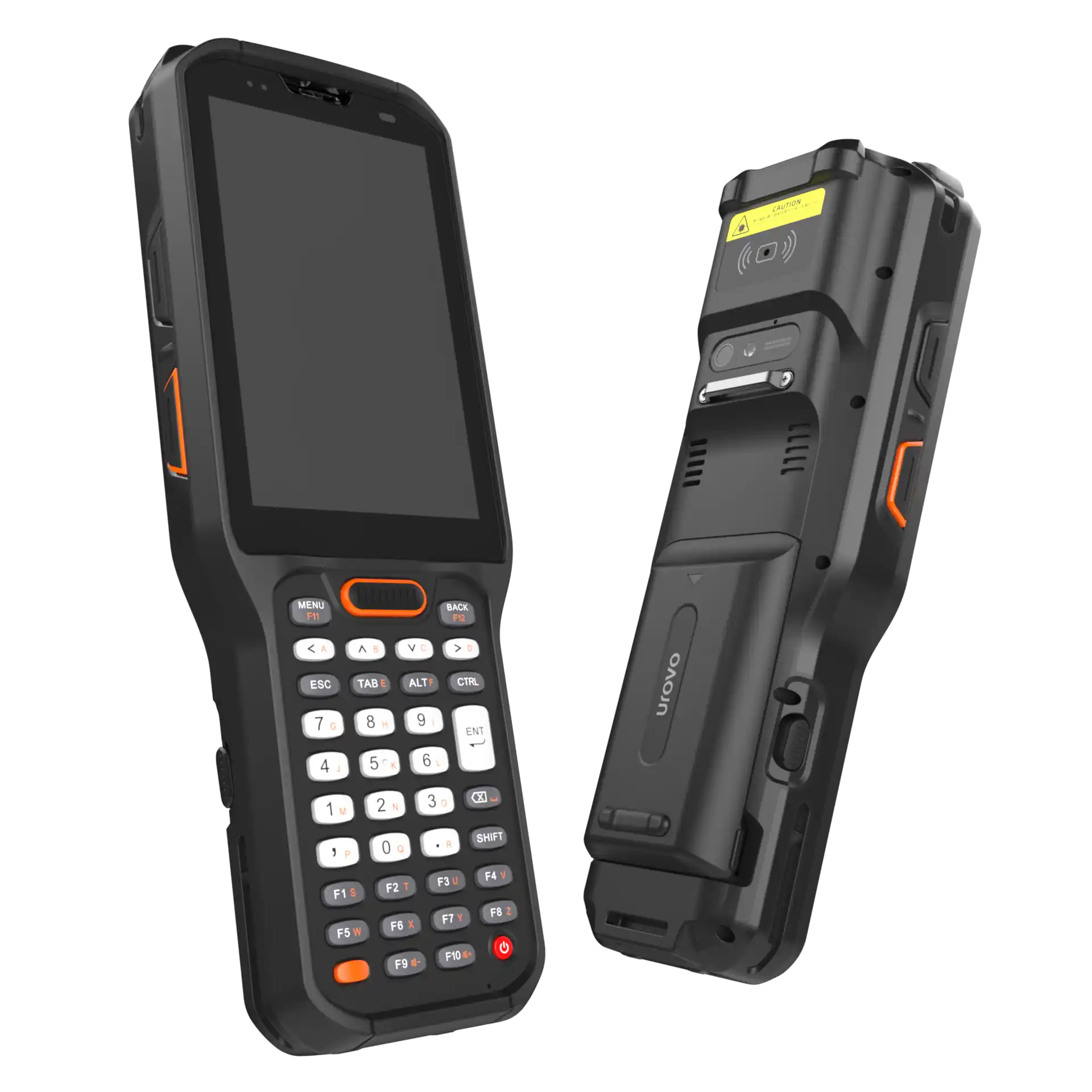 Zwei Urovo RT40S MDE Geräte nebeneinander mit Vorder- und Rückseite