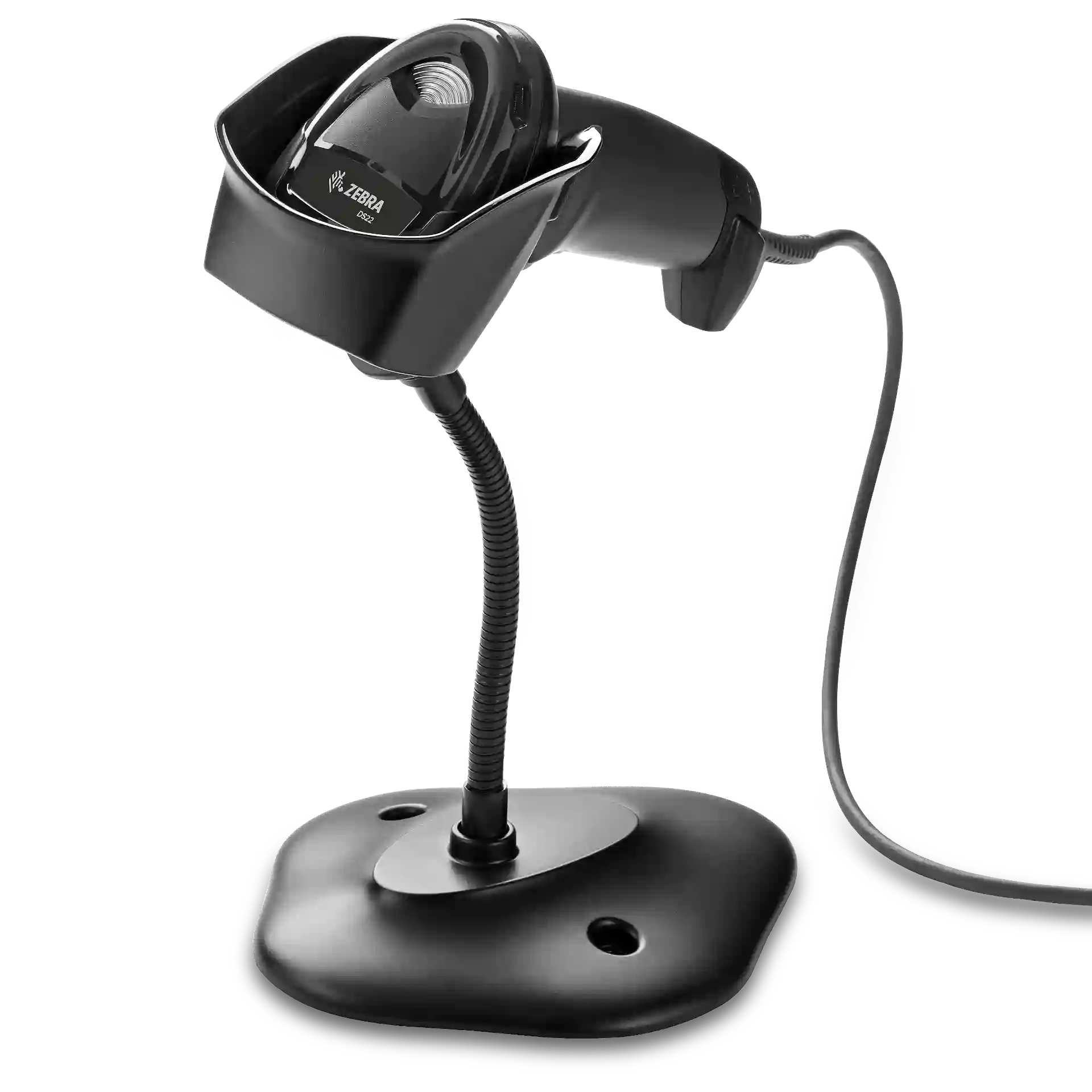 Barcode-Scanner Zebra DS2208 in schwarz schräg im Standfuß; flexibler Haltearm, Standfläche und angeschlossenes Kabel sichtbar.