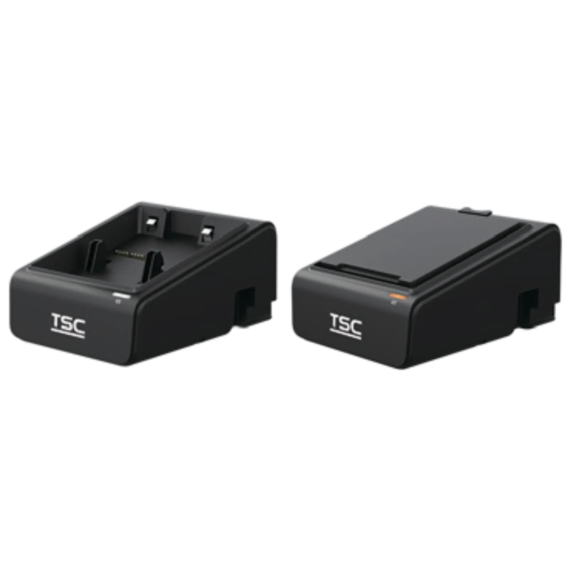 Etikettendrucker TSC Alpha-30L und Alpha-40L 1-fach Akku-Ladestation, zwei schräg dargestellte Dockingplätze mit Kontakten und Status-LED