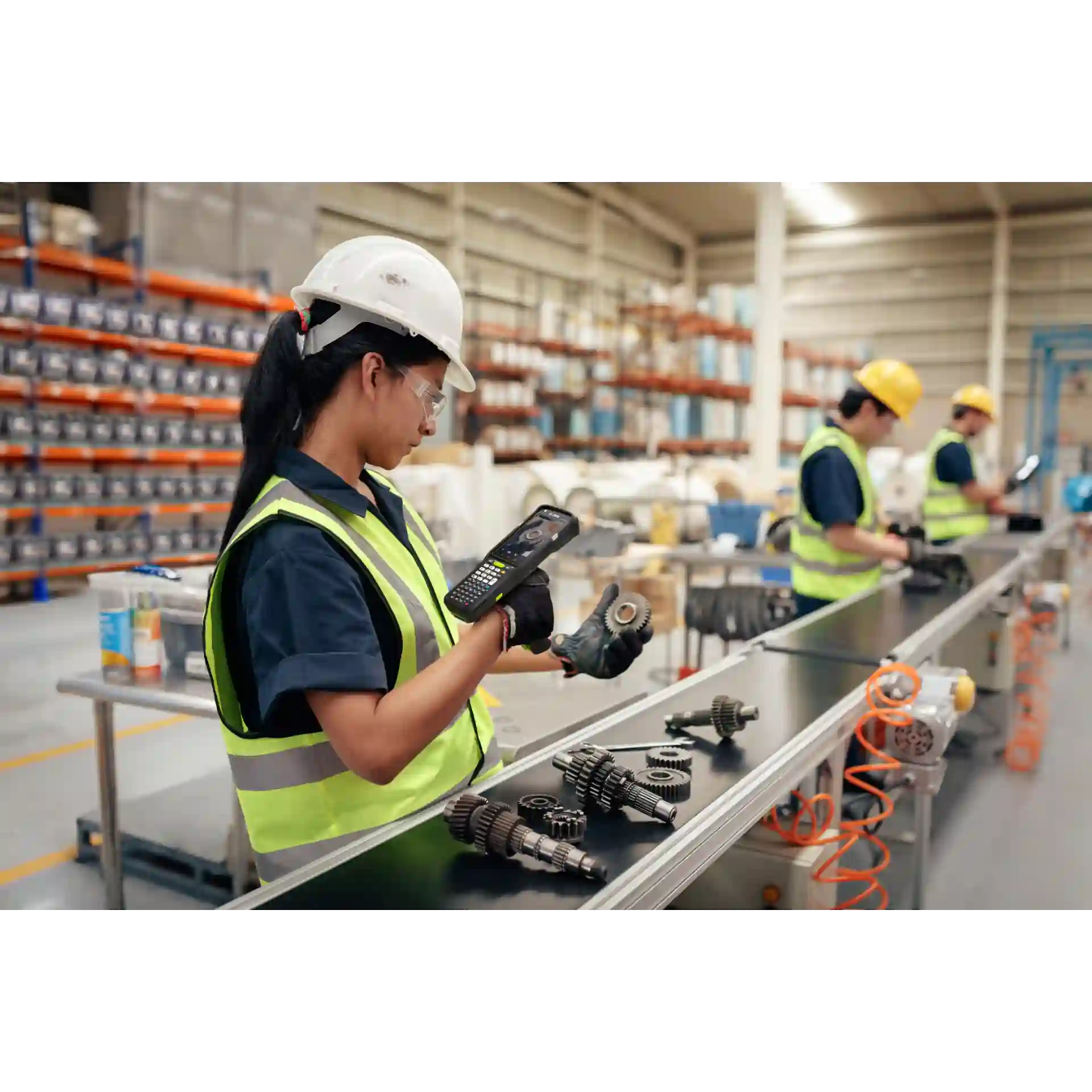 MDE Gerät Zebra MC3400/MC3450 mit Pistolengriff im Produktionseinsatz, Display an, Kamera wird genutzt.