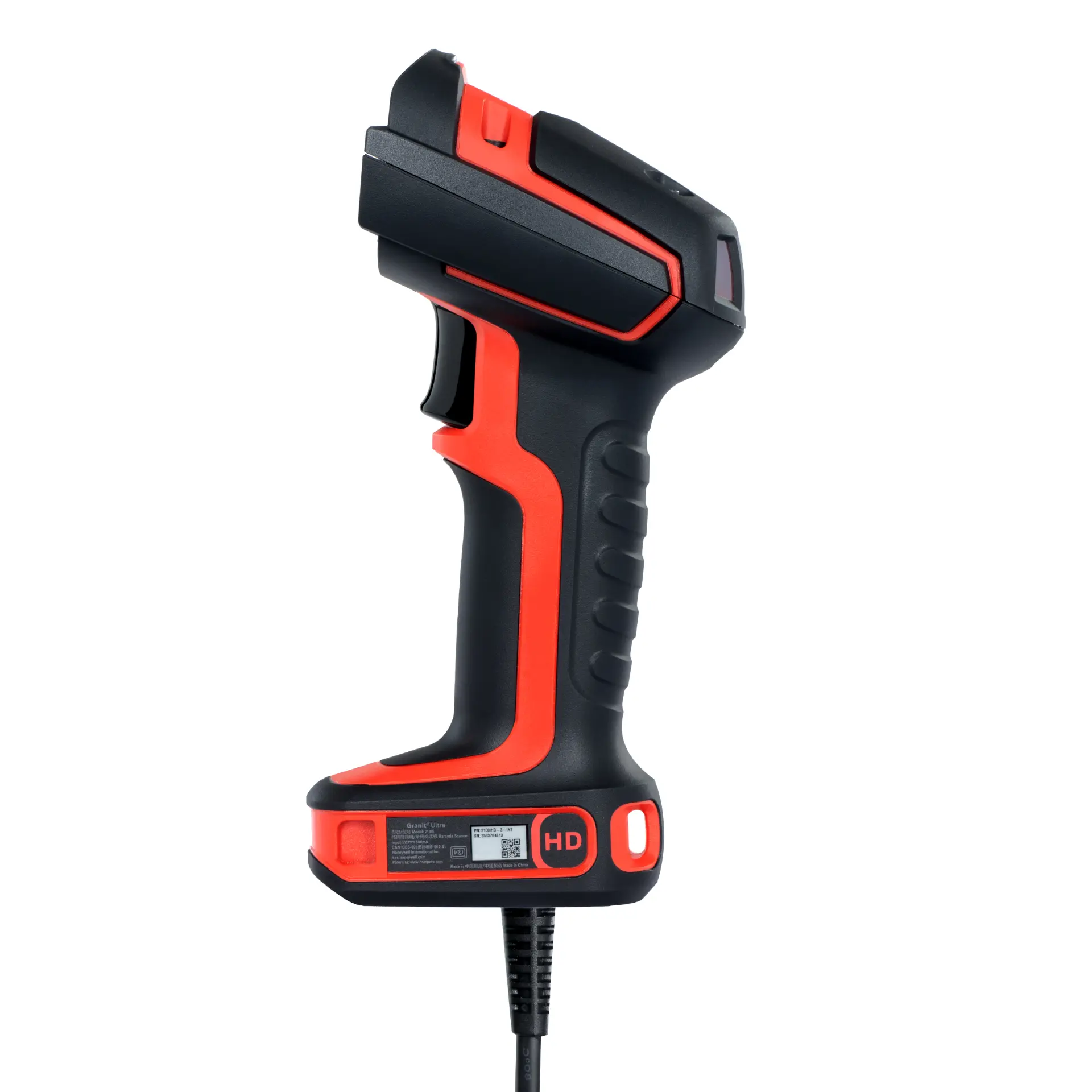 Barcode-Scanner Honeywell Granit Ultra 2100iHD – linke Seitenansicht mit Trigger, gummiertem Griff und Kabel