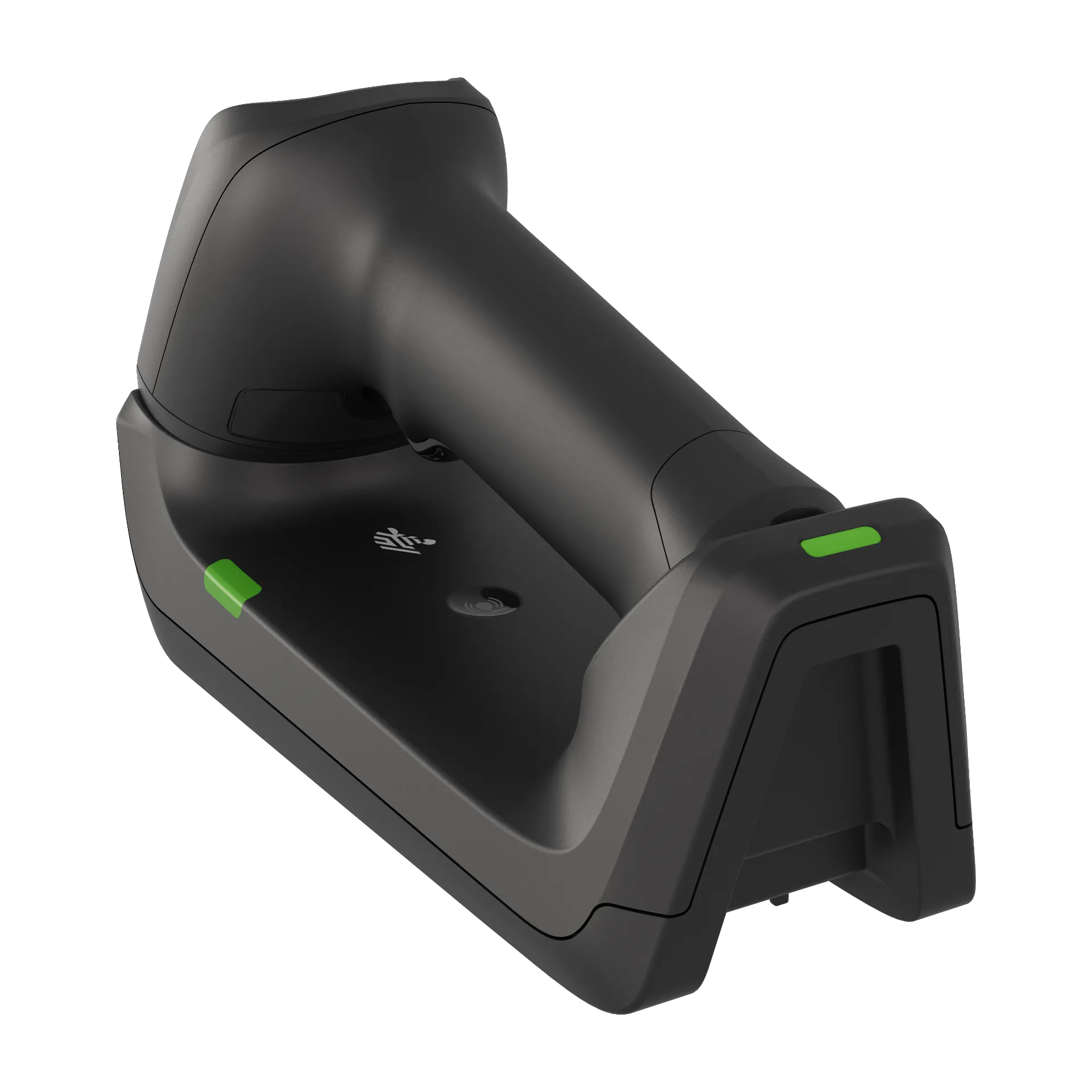Barcode Scanner Zebra DS8288 in Standard-Cradle – Rückansicht links mit Griff, Status-LED und Dock