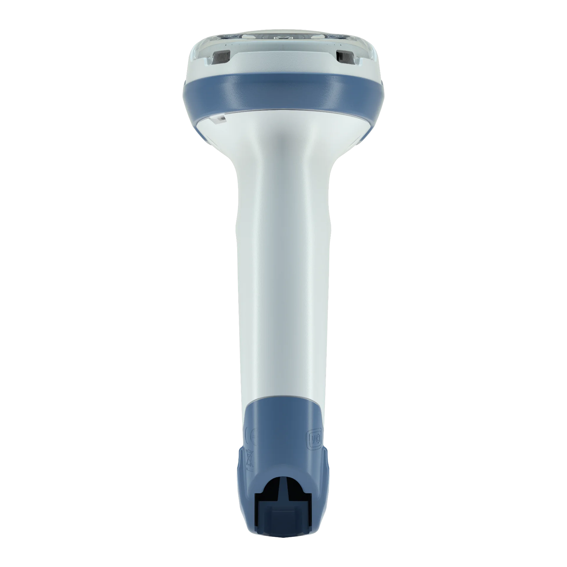 Barcode-Scanner Zebra DS2208-HC direkt von hinten; glatter weißer Griff und blaues Unterteil mit dunkler Aussparung am Griffende sichtbar.