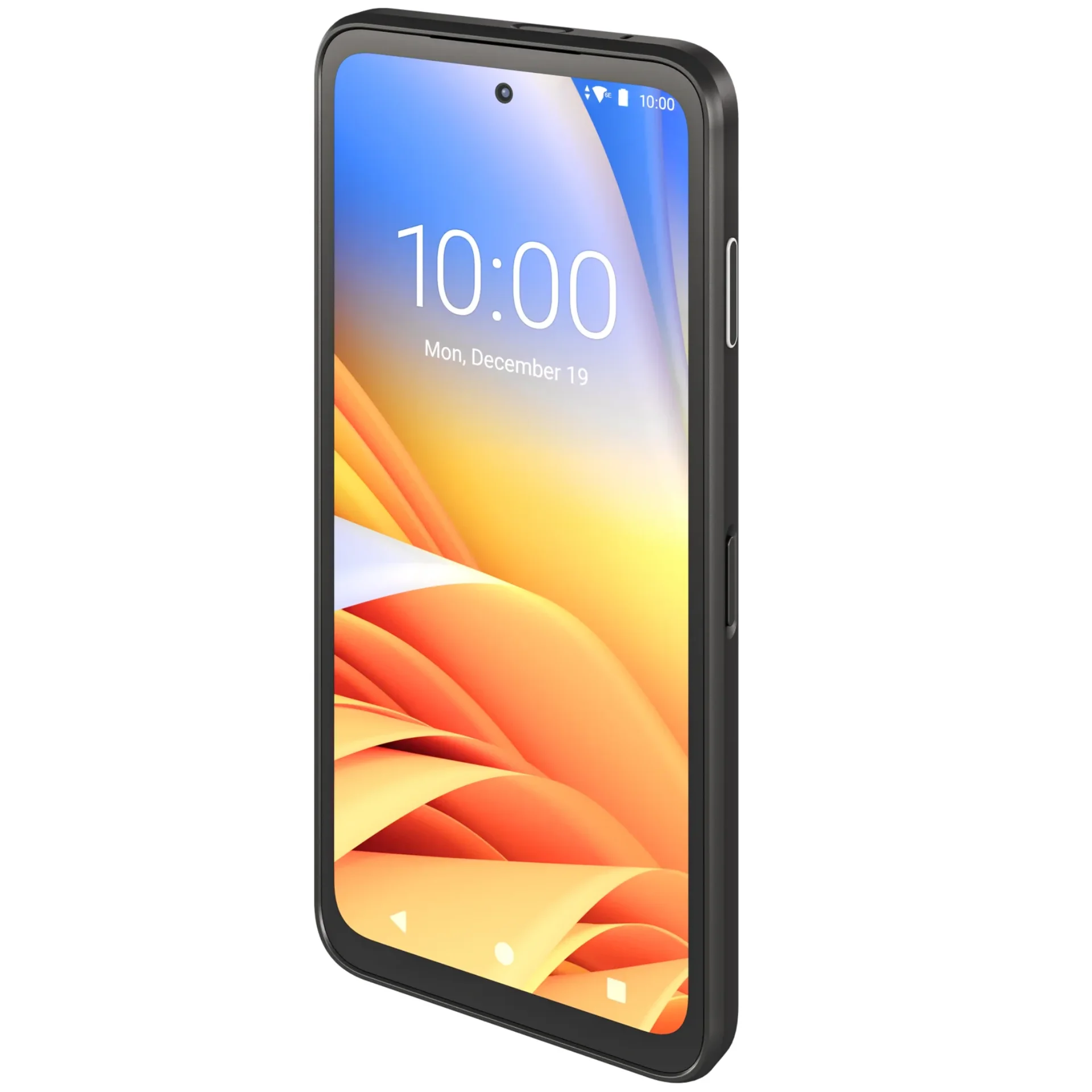 Zebra EM45 MDE Gerät, schräge Frontansicht von rechts, Display eingeschaltet, Tasten sichtbar.