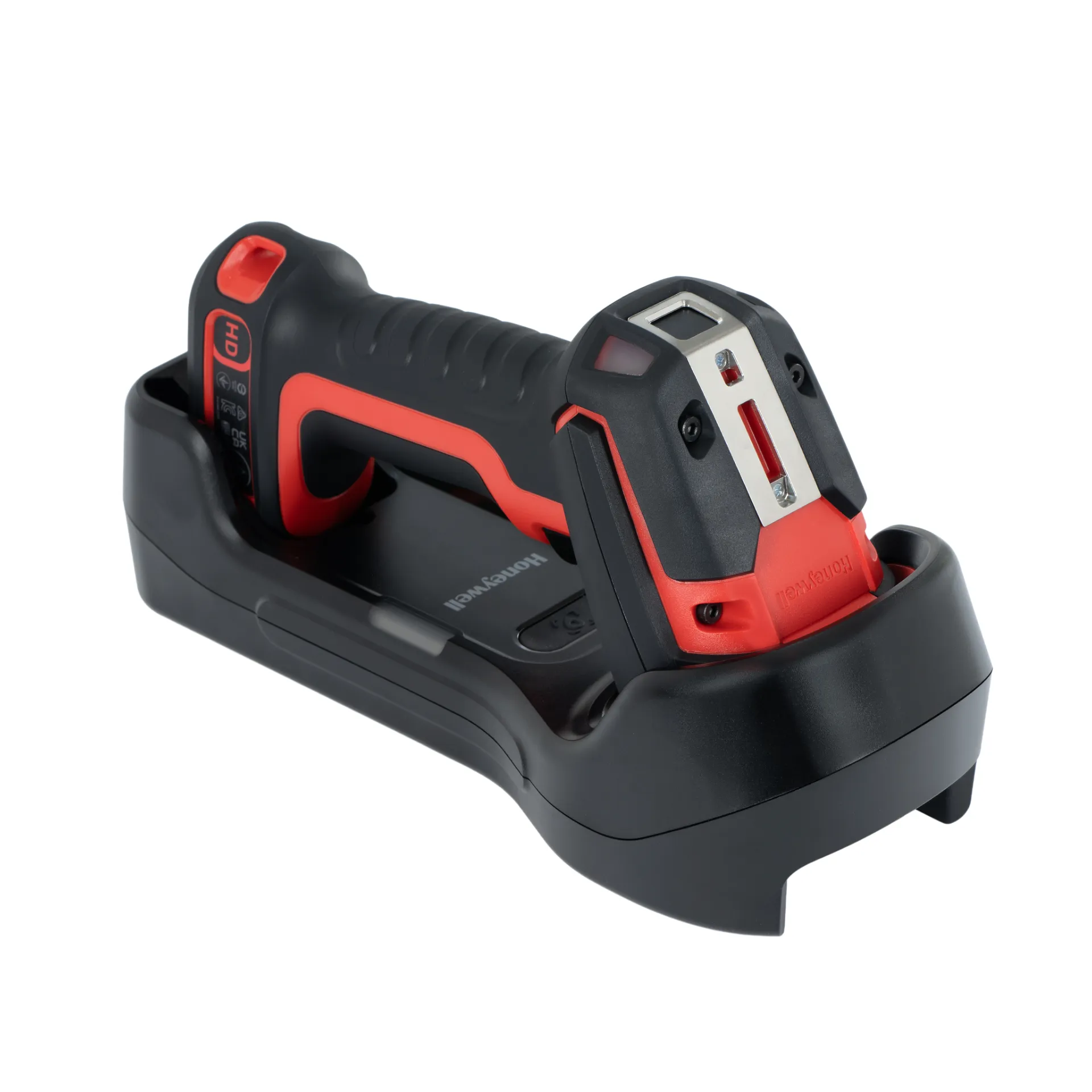 Barcode-Scanner Honeywell Granit Ultra 2105iHD liegt von hinten rechts oben in einer schwarzen Ladestation
