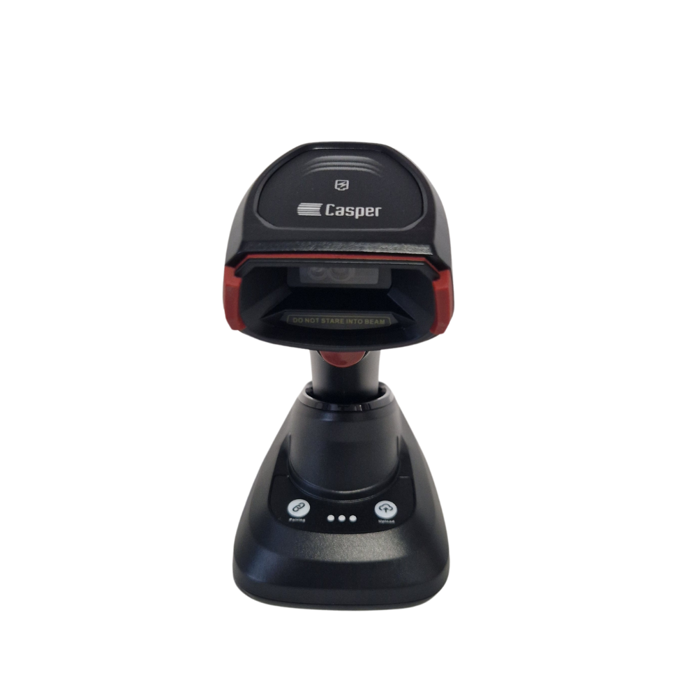 Casper BCS200 Frontansicht von oben mit Ladestation und Blick auf Scanfenster und Tasten der Station
