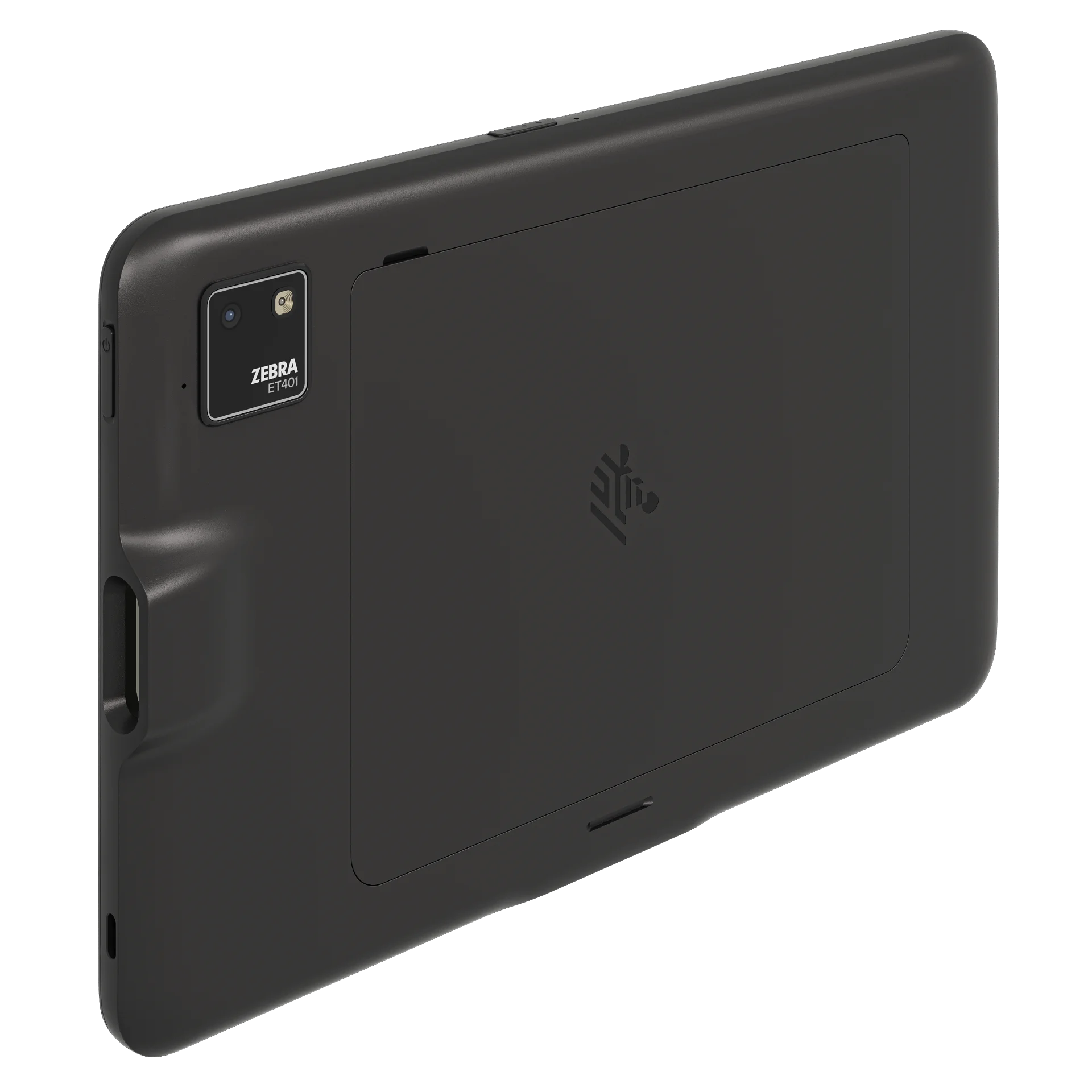 Tablet Zebra ET401, 10 Zoll – Rückseite links, Kamera, Scanner und Gehäusedetails sichtbar