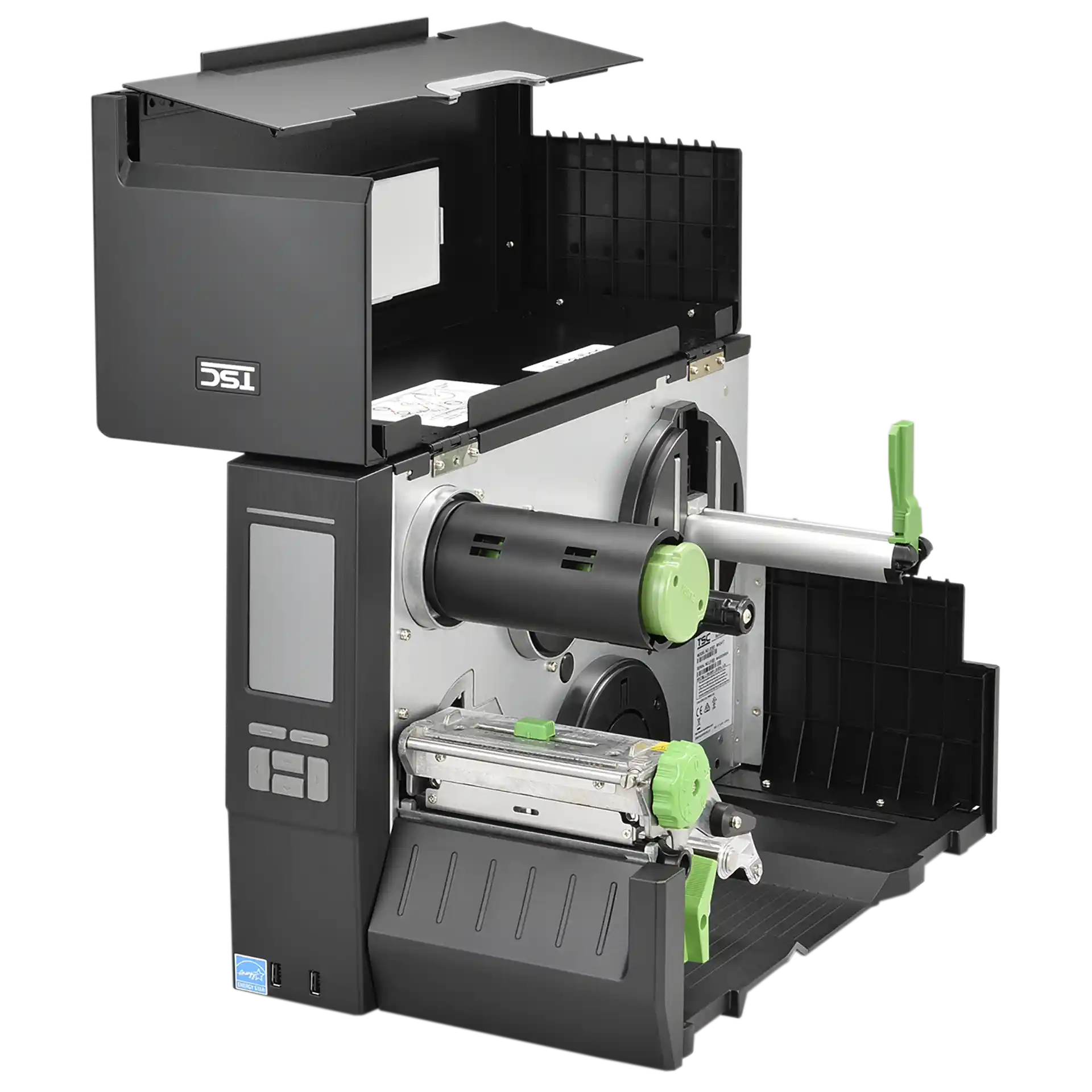 TSC MH241T Etikettendrucker, seitlich geöffnet, zeigt Innenmechanik und Rollenhalterungen