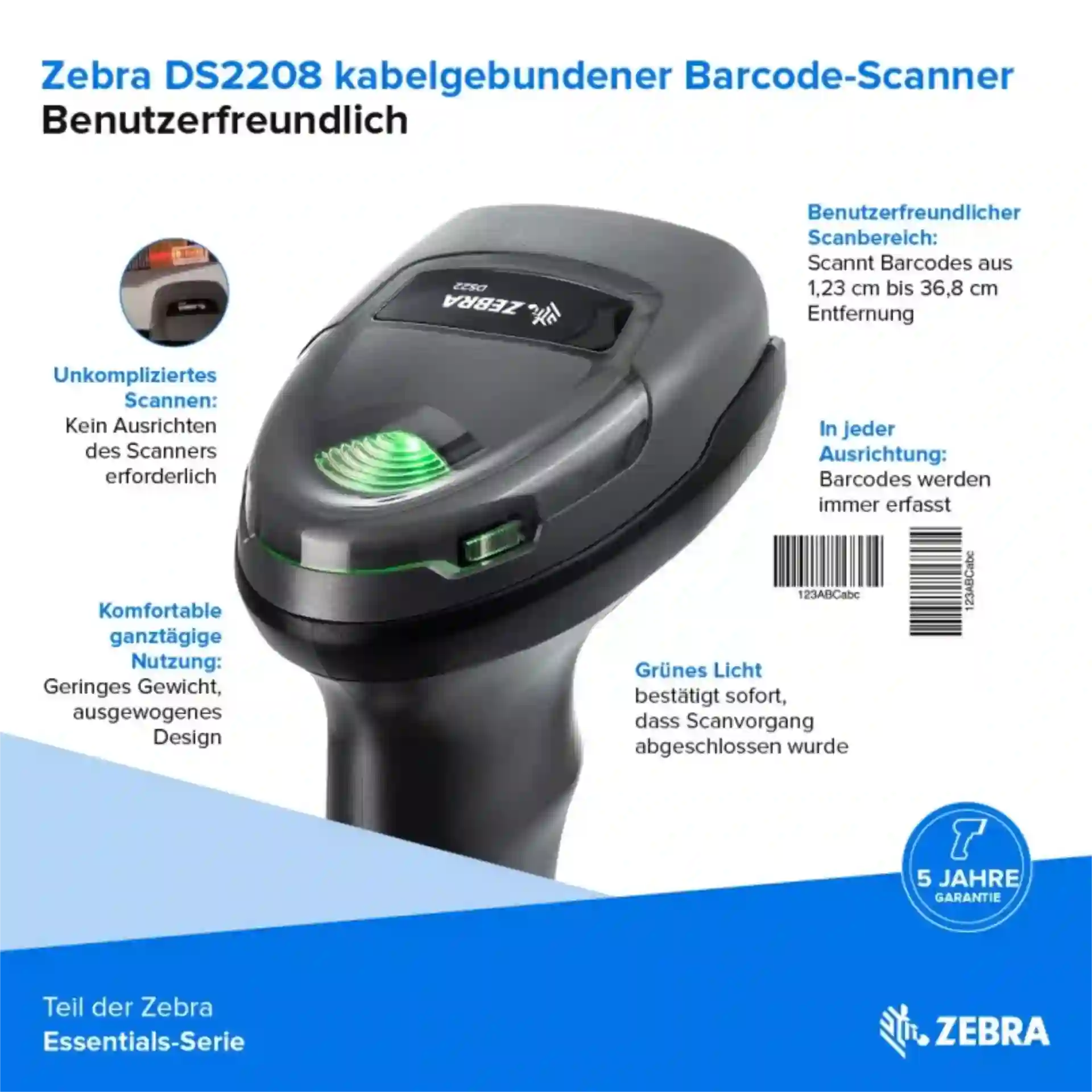 Barcode-Scanner Zebra DS2208 schräg von oben mit grüner Status-LED und Produktinformationen