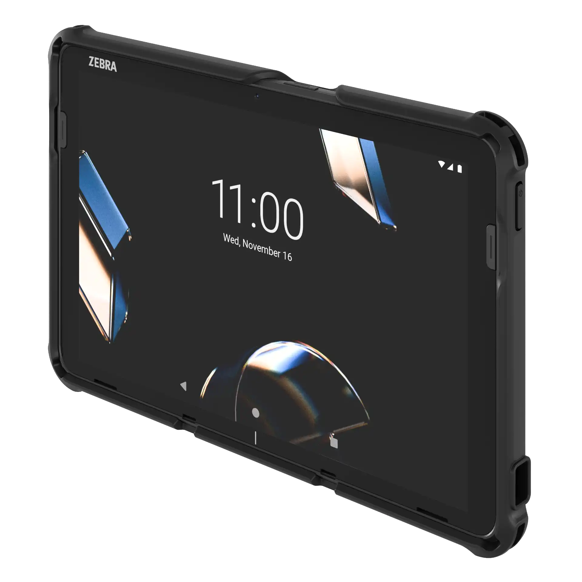 Tablet Zebra ET401, 10-Zoll – schräge rechte Frontansicht, Display an, seitliche Bedienelemente und Schutzhülle