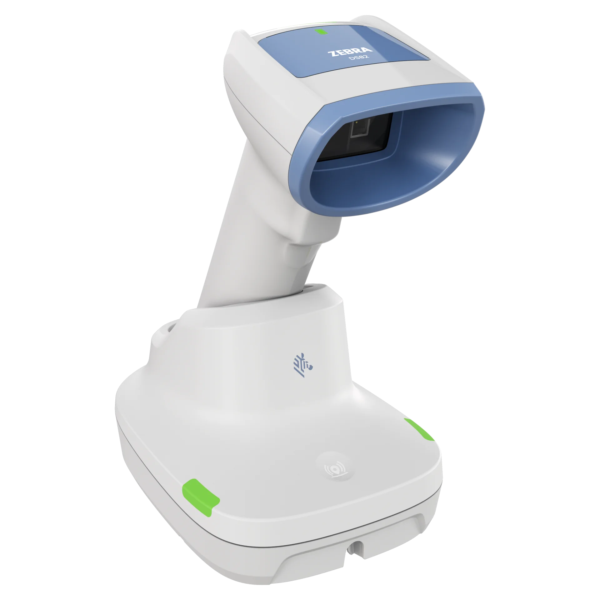 Barcode Scanner Zebra DS8288-HC in Präsentationsstation, Front links oben, großes Scanfenster und grüne Status-LED sichtbar