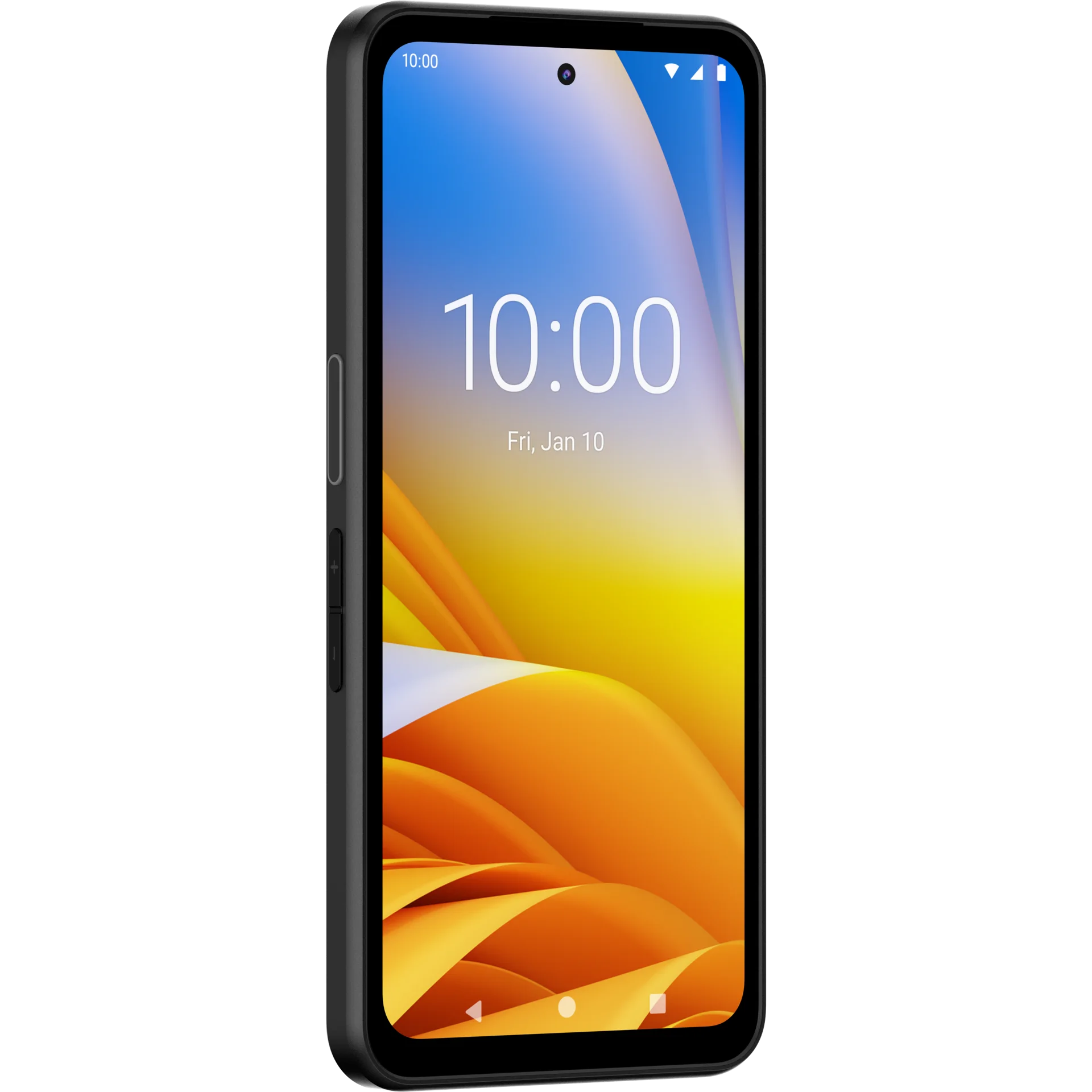 Zebra EM45-RFID MDE Gerät, seitliche Frontansicht links, Display eingeschaltet, seitliche Bedienelemente sichtbar.