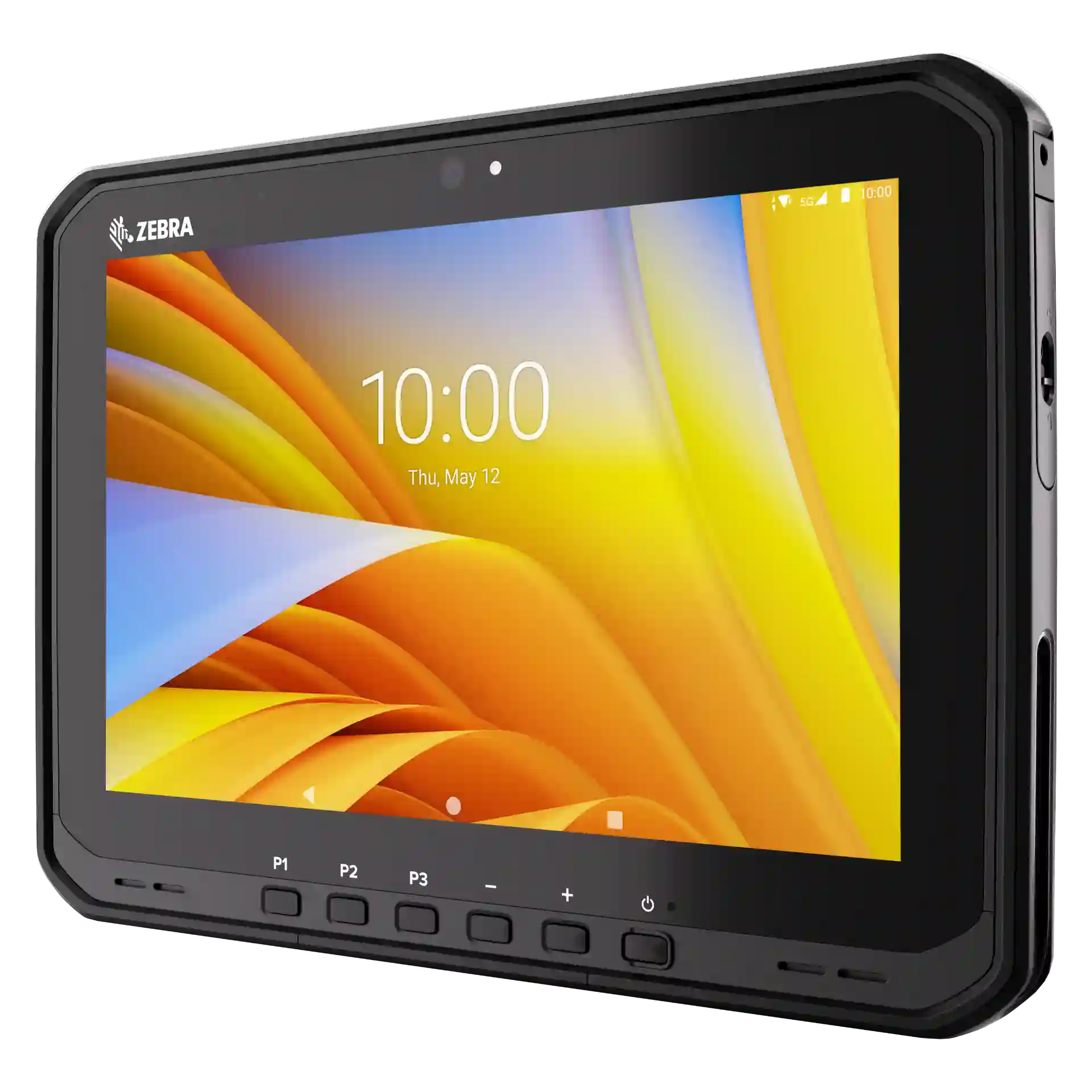 Tablet Zebra ET65 – Front rechts mit eingeschaltetem Display, Kamera und Tasten