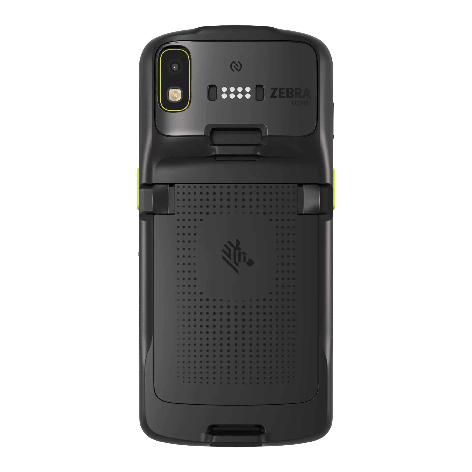 MDE-Gerät Zebra TC201 von hinten mit Kamera, LED-Blitz, NFC-Symbol, Anschlüssen und Batterie