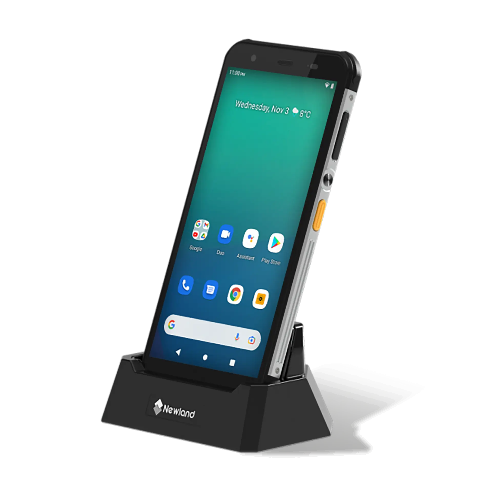 Newland NFT10 Pilot Pro MDE Gerät in Ladestation, seitliche Tasten und eingeschaltetes Display ersichtlich.