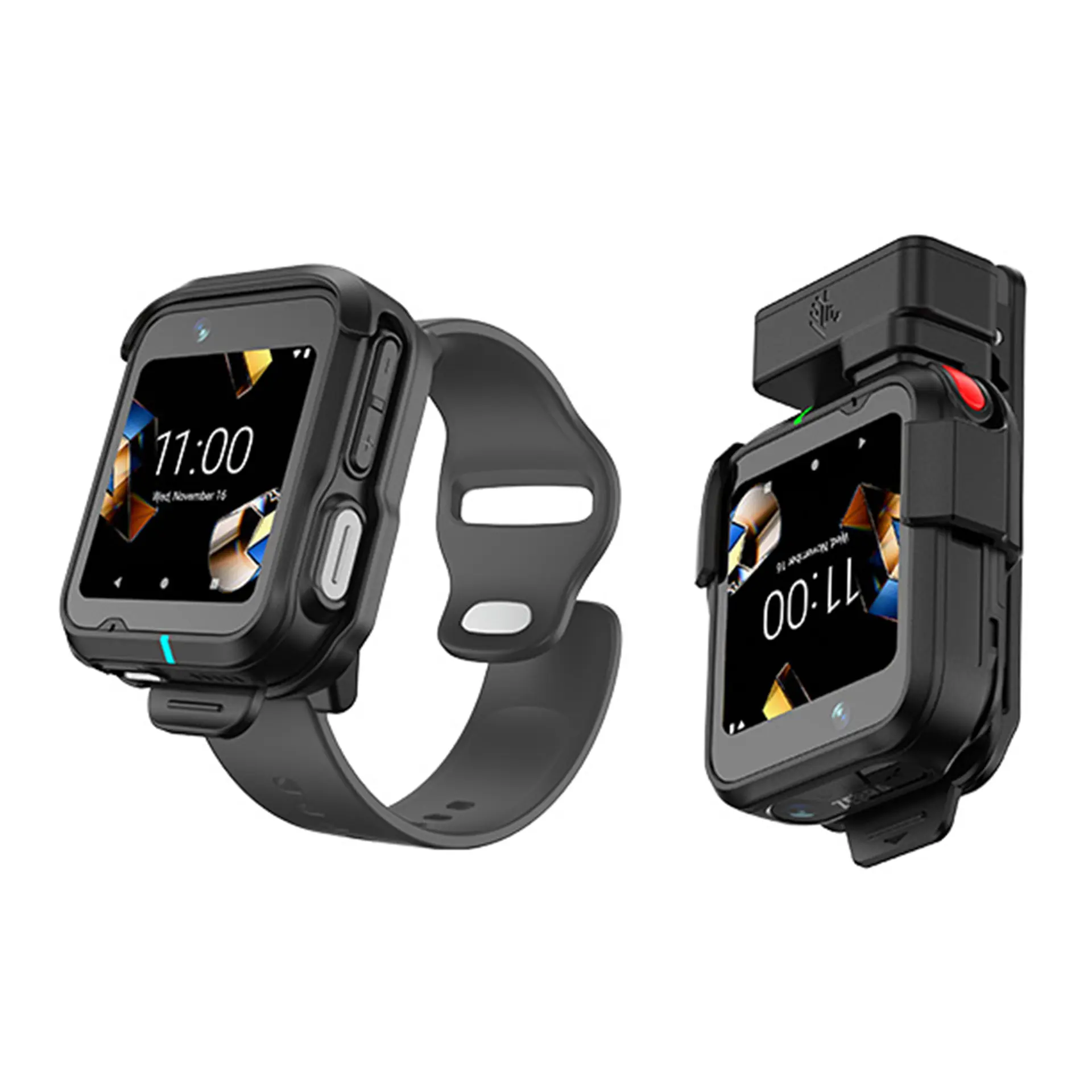 Wearable Zebra WS301 – seitliche Ansicht mit Wrist- und Clip-Mount, sichtbare Tasten und eingeschalteten Displays