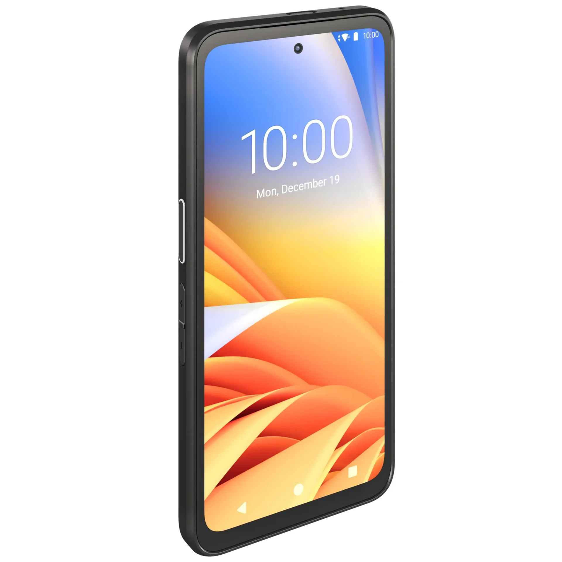 Zebra EM45 MDE Gerät, schräge Frontansicht von links, Display eingeschaltet, seitliche Tasten.