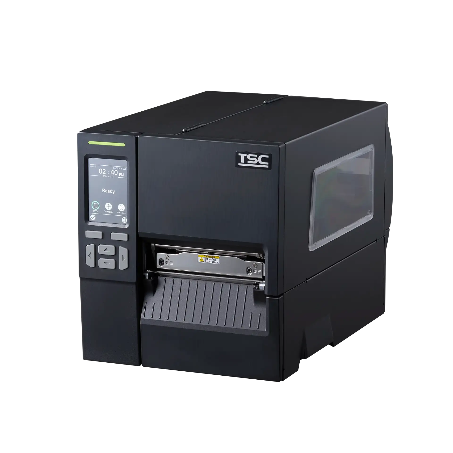 TSC MB241T Etikettendrucker – seitliche Frontansicht geschlossen ohne Etiketten TSC MB241T Etikettendrucker, geschlossen, seitliche Frontansicht, Display eingeschaltet, ohne Etikettenausgabe.